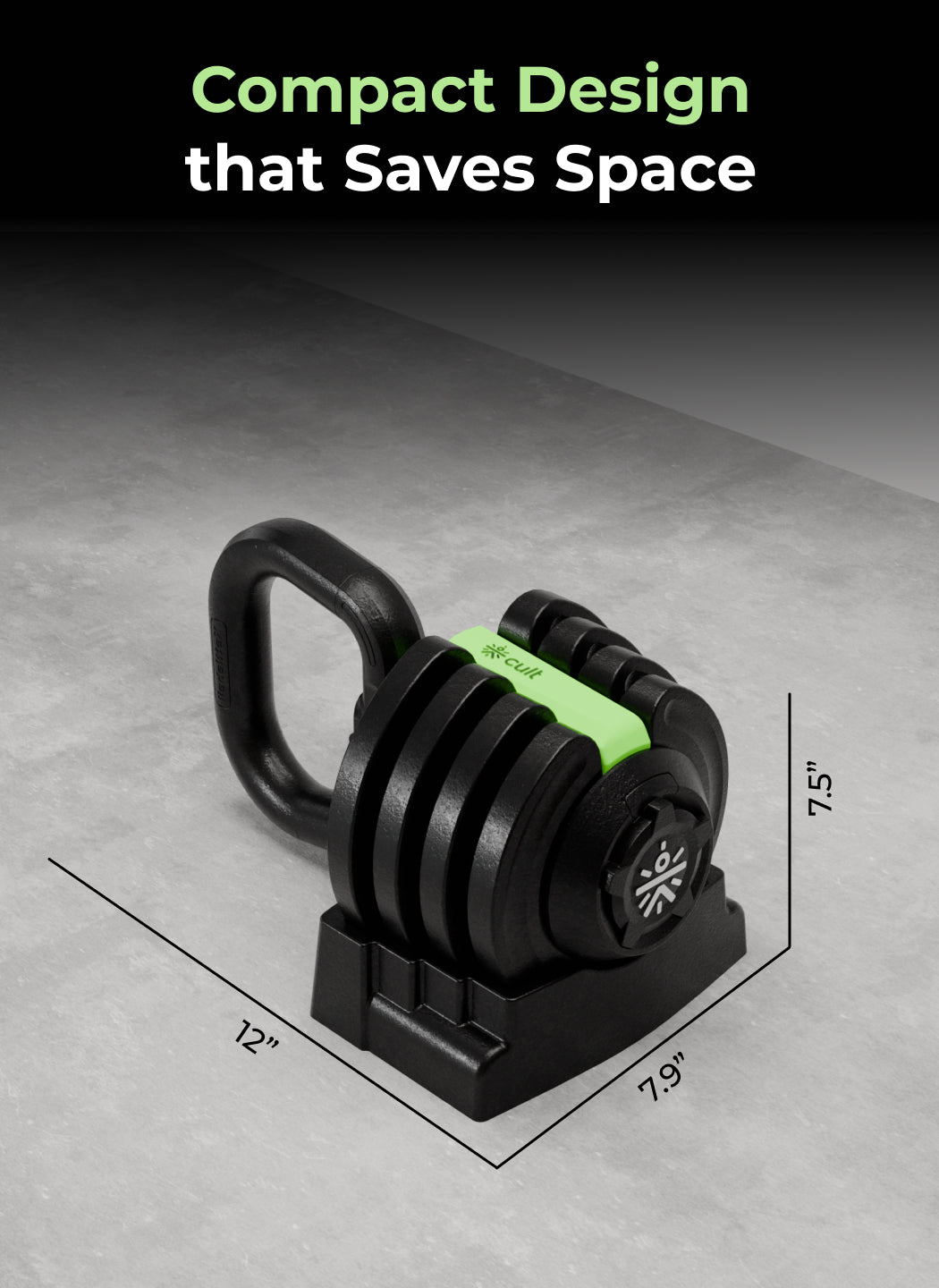 Cult 10Kg Adjustable Kettlebell | 12 Weight Options (1kg-10kg) | One-Hand 1-Second Dial | Compact & Durable Home Gym Kettlebell - Black