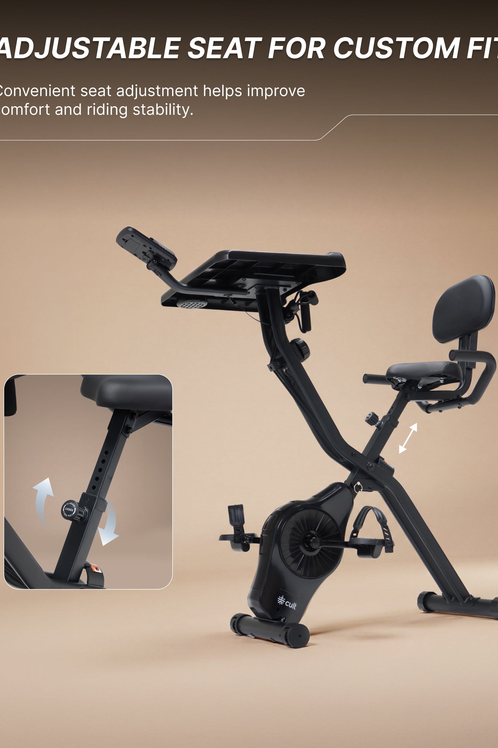 Cult X-Bike with Table | Sturdy & Stable Design | Foldable Exercise Cycle for Home | 8-Level Magnetic Resistance | Adjustable Seat | LCD Display | Laptop & Tablet Desk | 120 kg Capacity - Black