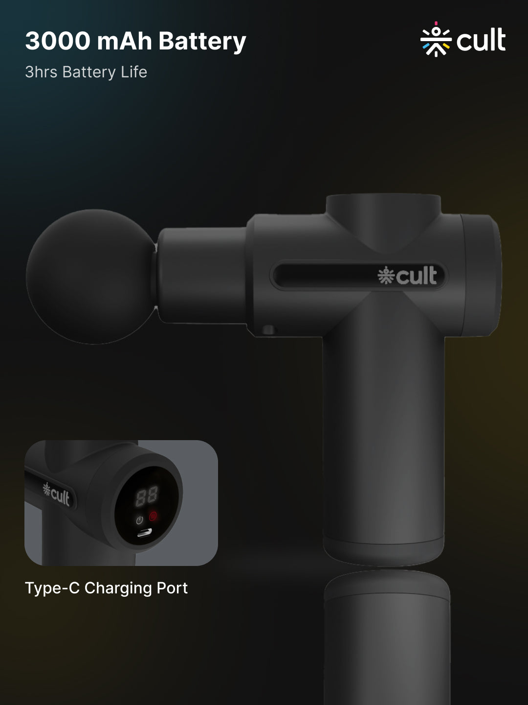 Cult Volt X, Full Body Professional Gun Massager with Hot and Cold Therapy, 3000mAh battery, QuietMotion Tech, 6 Interchangeable heads, 6 Speed levels, Silicone head, Carry Pouch.