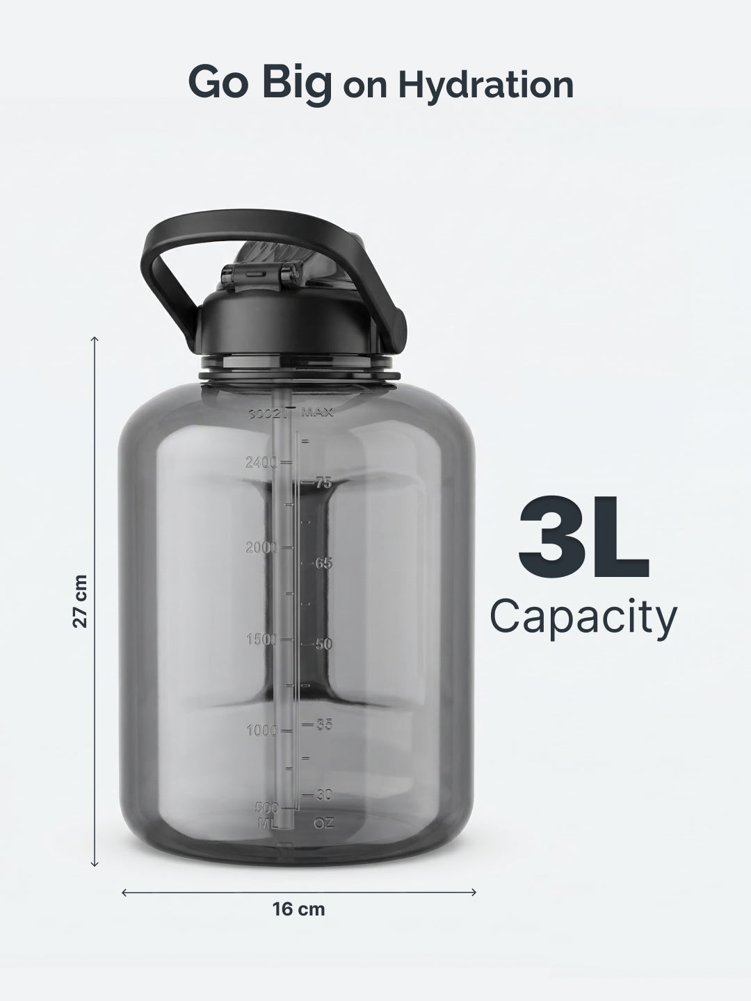 Cult 3L Hulk Gallon Water Bottle with Straw & Strap BPA-Free Leakproof Gym Bottle 3000ml Large Capacity Hydration Bottle (Black)