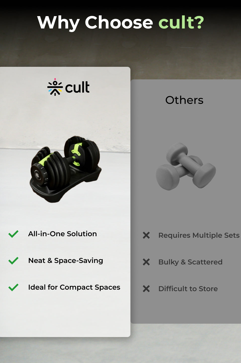 Cult 16kg Adjustable Dumbbell | 12 Weight Options (1.5kg-16kg) | Quick Weight Adjustment Dial | Non-Slip Compact Home Gym Dumbbell - Black