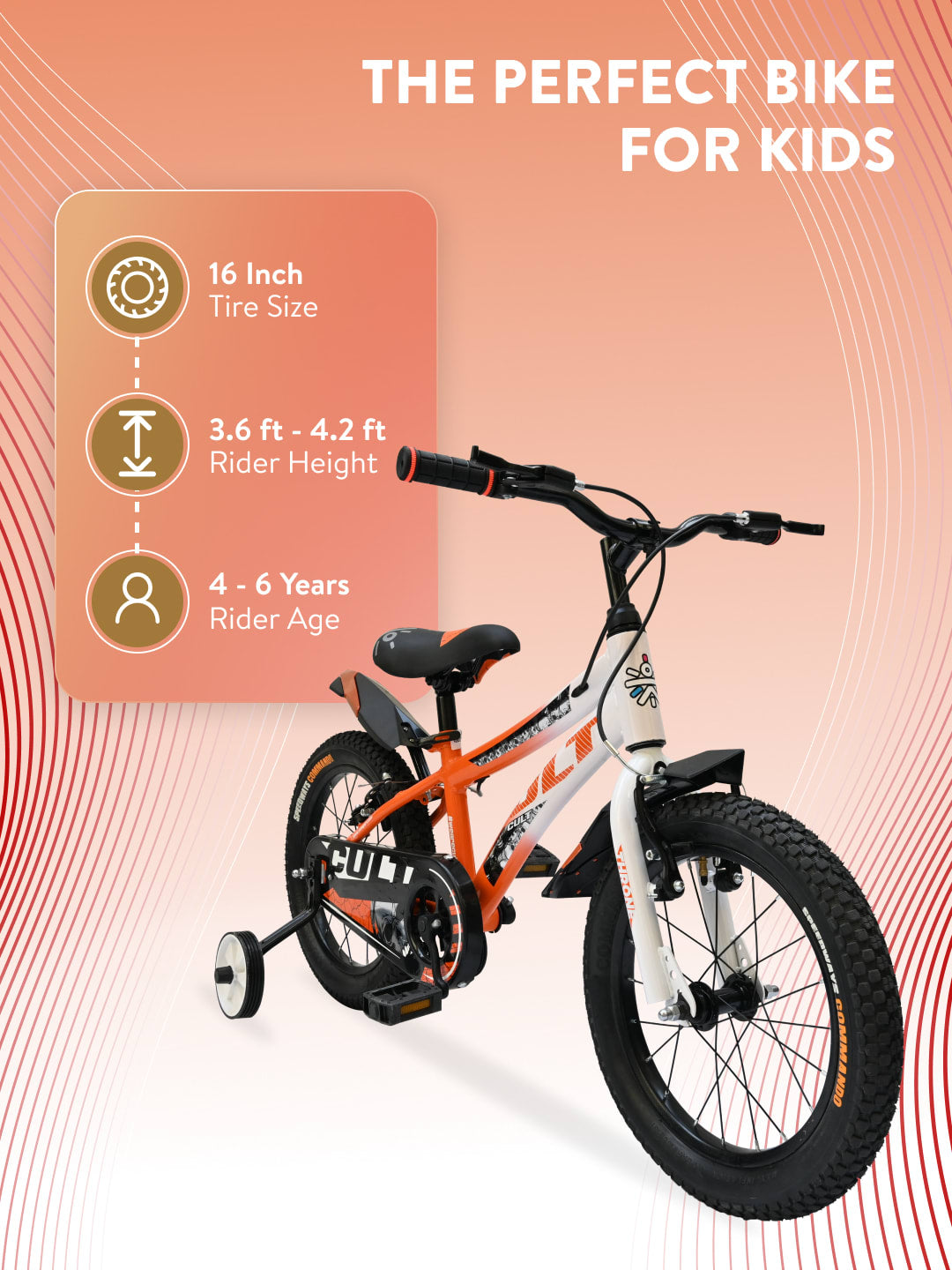 Throne 16T Steel Kids Bike with Rigid Fork, Single Wall Rim, V brakes, Chain Guard and Training Wheel, Orange White