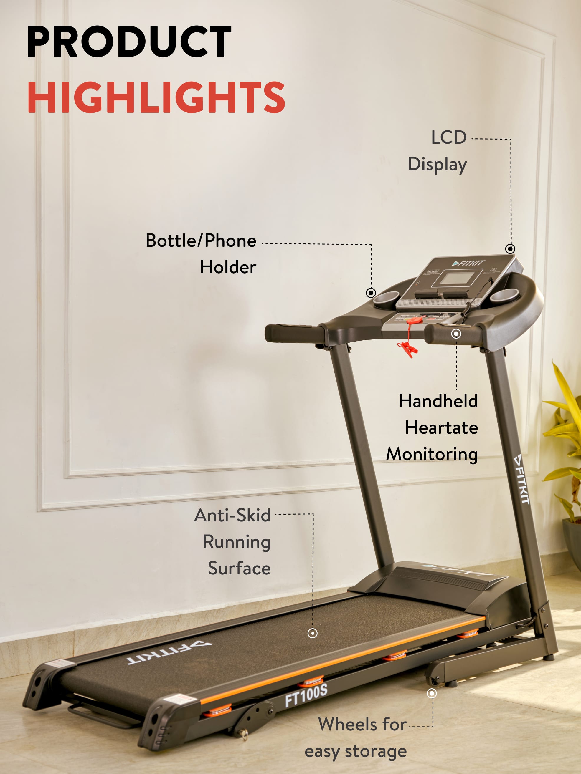 FT100S Treadmill 3.25HP | 3-level Manual-Incline | Max Weight-110kg | Max Speed-14.8kmph (with 6 months extended warranty)