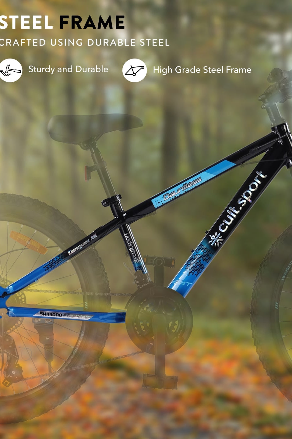 Dauntless 24T Steel Mountain Bike – 21 Speed Shimano Gear, Dual Disc Brake, Front Suspension (Black/Blue)