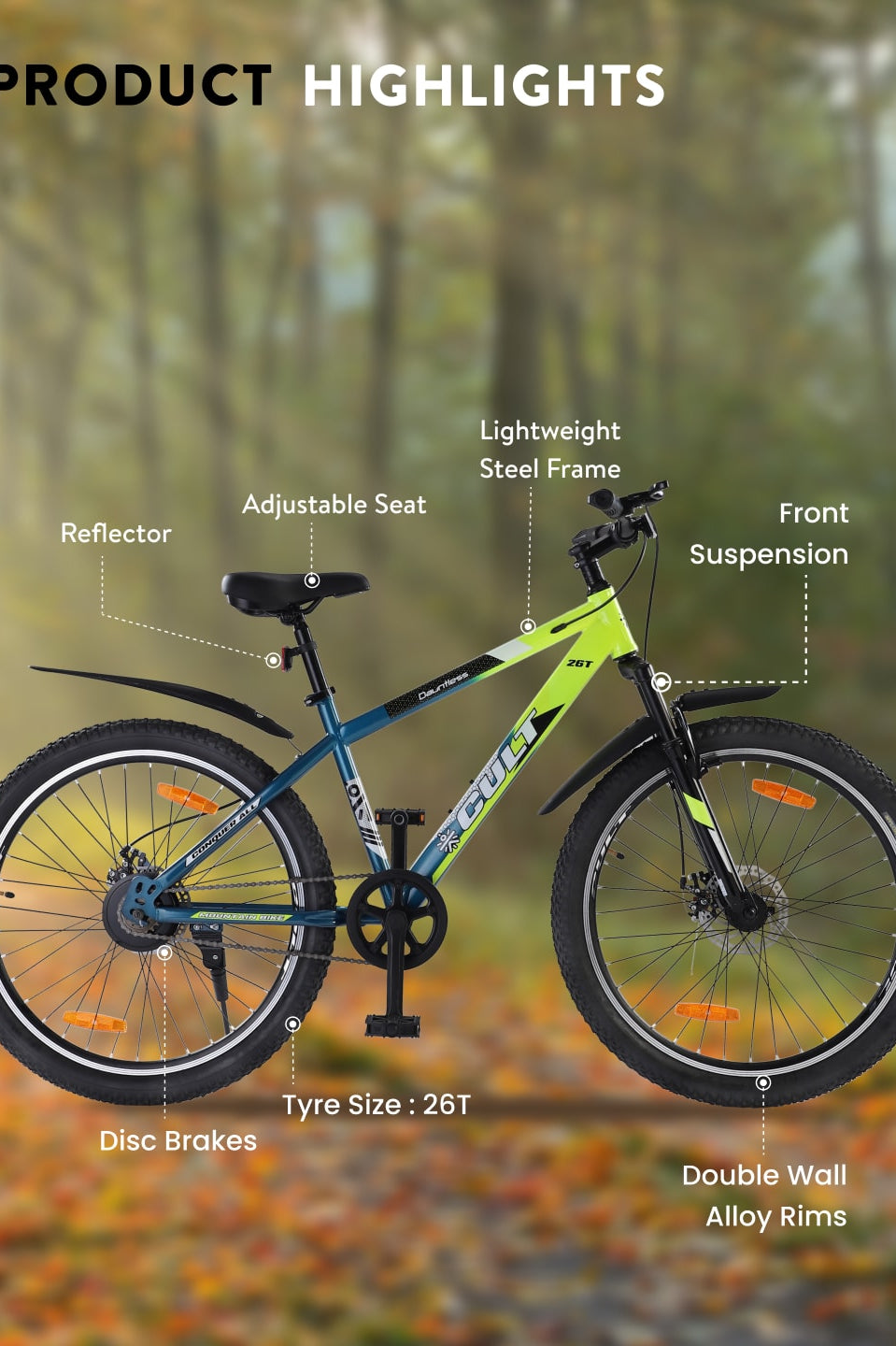 DAUNTLESS26TGREENBLUE Steel Single Speed 26 inch Mountain Cycle, Dual Disc Brake, Front Suspension, Double Wall Rim