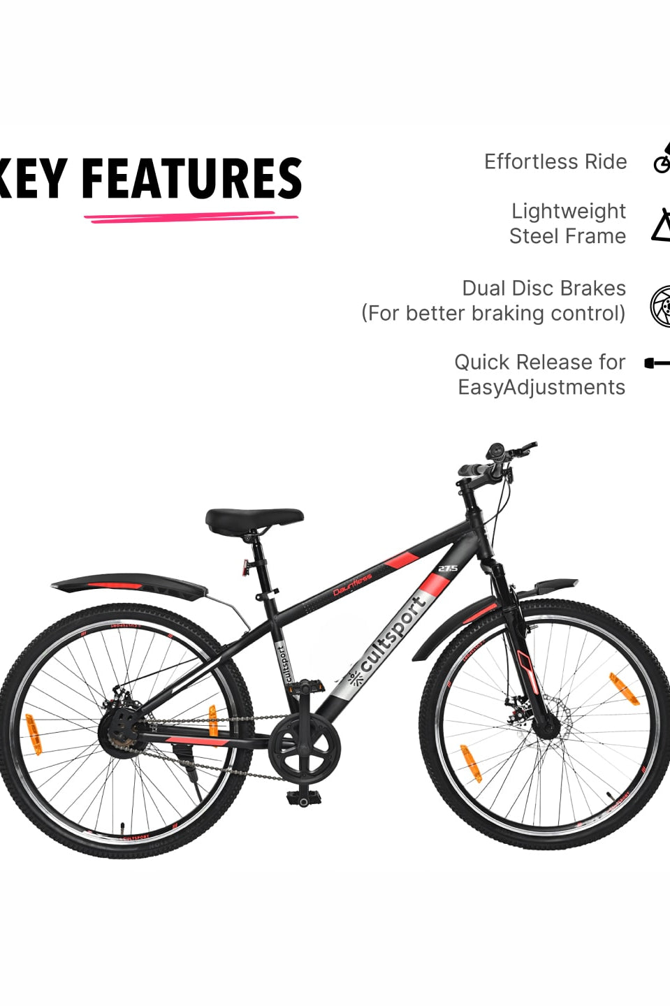 Dauntless27.5Black Steel Single Speed 27.5 inch Mountain Cycle, Front Suspension, Double Wall Rim Free Trainer Sessions, Cycling Event