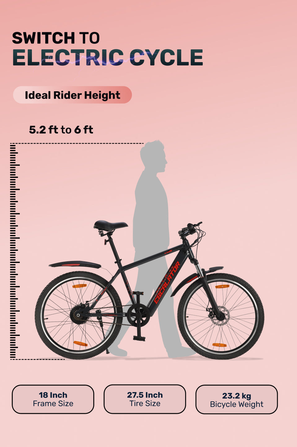 Escalator 27.5T Grey with 250W BLDC Motor| 4 Hours Fast Charge| 7.8 Ah Li-ion Battery| Up to 35 Km| 27.5 Inches Wheels| Single Speed Electric Cycle | Ideal for 15+ Years