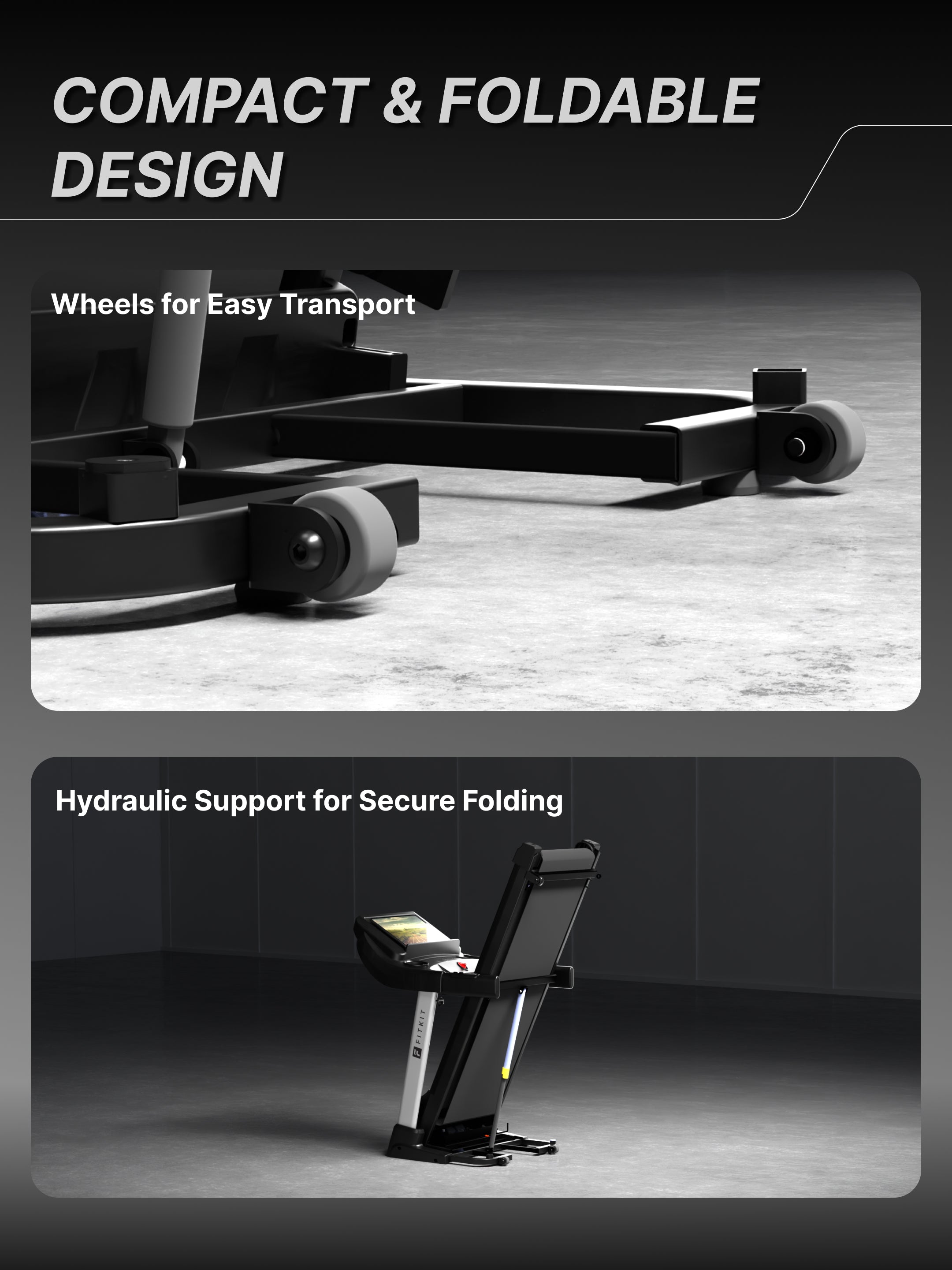 Fitkit by Cult FT100 Smart Incline Motorised Treadmill | 4.5 HP BLDC Motor | 110kg Capacity | 15-Level Auto Incline | 12 km/hr Speed | Foldable & Easy-Move Wheels | 12 Preset Workout | Ideal for Home Use (with 6 Months Extended Warranty)