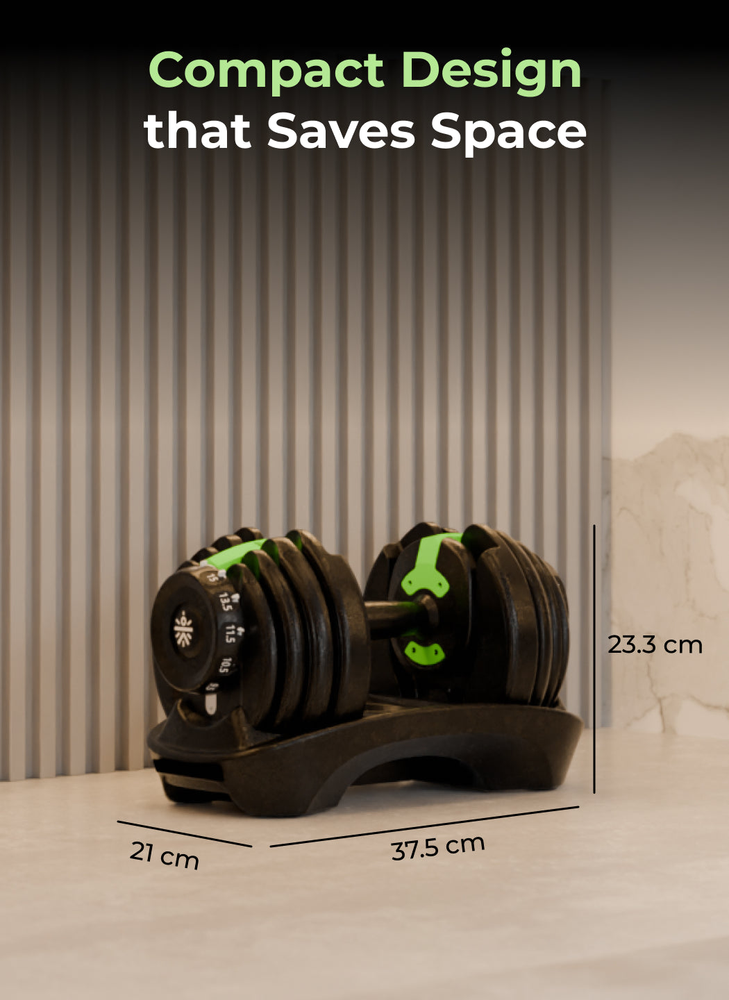 Cult 16kg Adjustable Dumbbell | 12 Weight Options (1.5kg-16kg) | Quick Weight Adjustment Dial | Non-Slip Compact Home Gym Dumbbell - Black