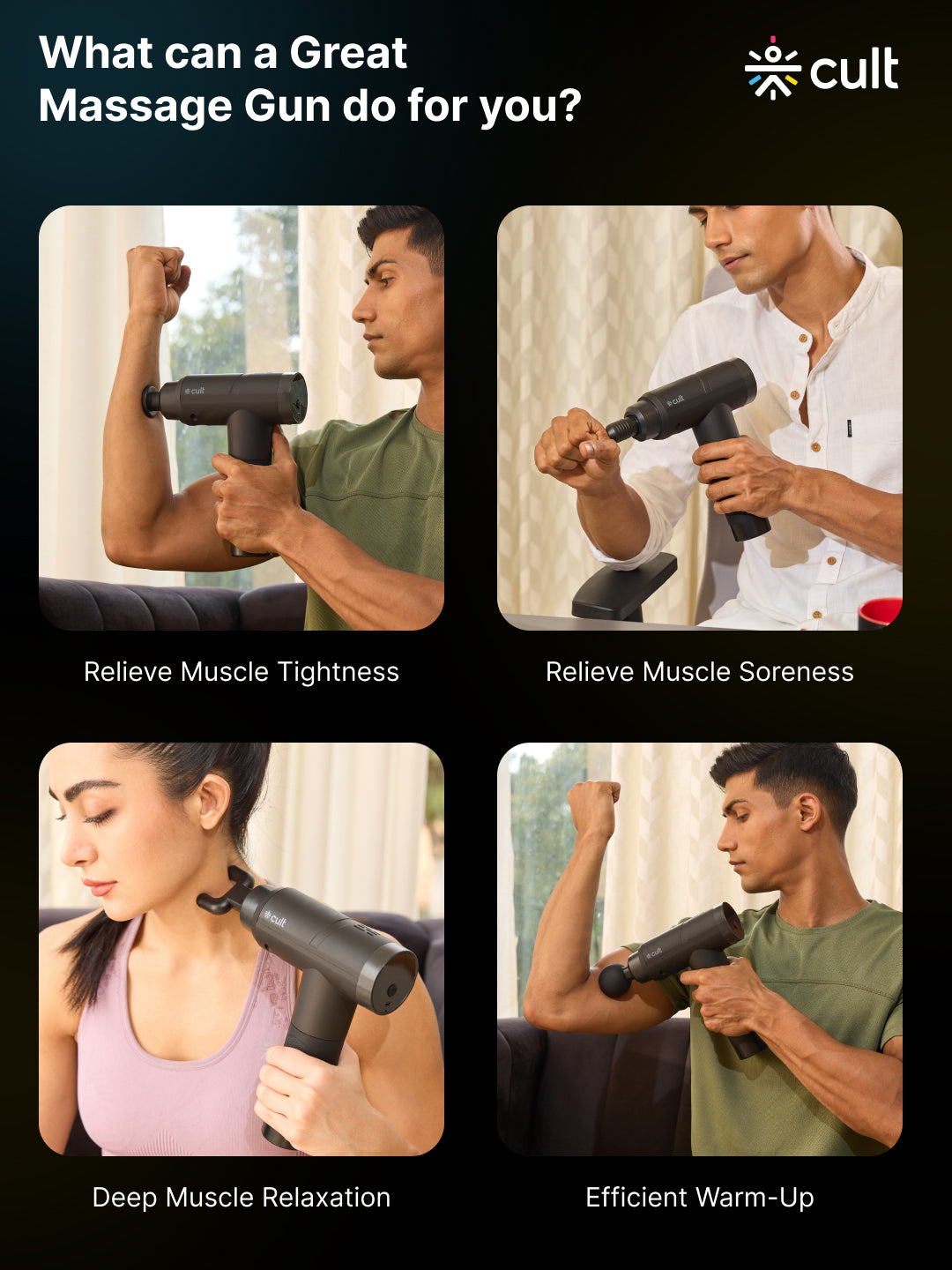 Cult Volt Pro, Full Body Professional Gun Massager, 4500 mAh battery, QuietMotion Tech, Deep Tissue Percussions, 4 Interchangeable heads, 6 Speed levels, Silicone head, Carry Pouch.