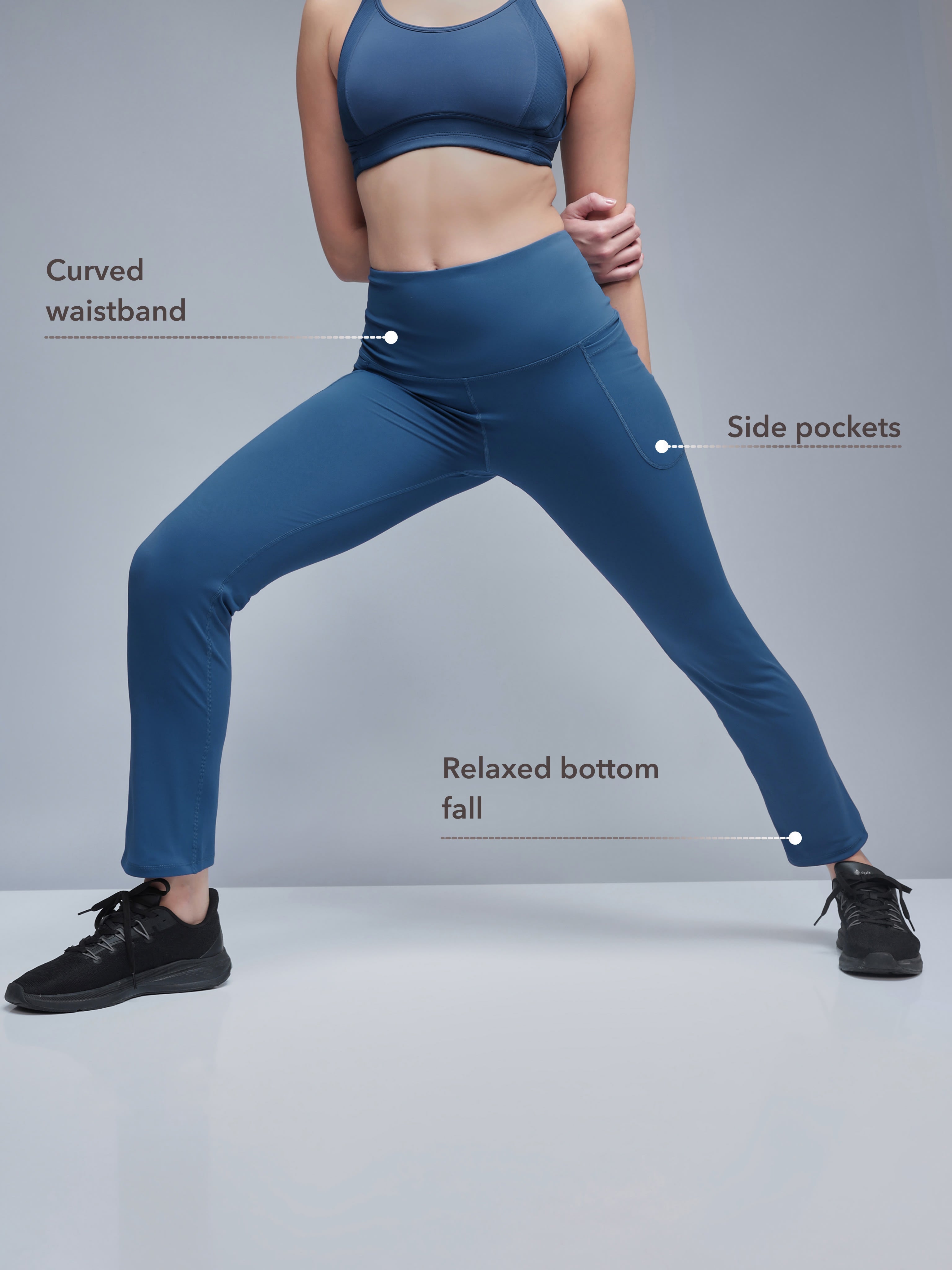 Navy Solid High Waist Straight Pants with Pockets