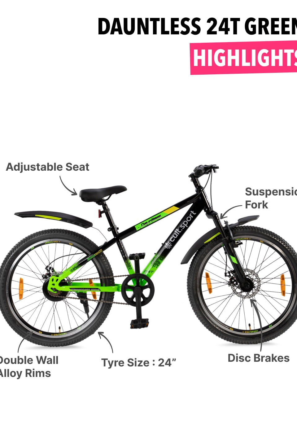 Dauntless24TGreen Steel Single Speed 24 inch Mountain Cycle, Front Suspension, Double Wall Rim and Dual Disc Brake