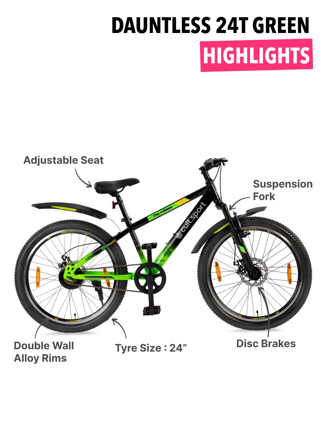 Dauntless24TGreen Steel Single Speed 24 inch Mountain Cycle, Front Suspension, Double Wall Rim and Dual Disc Brake