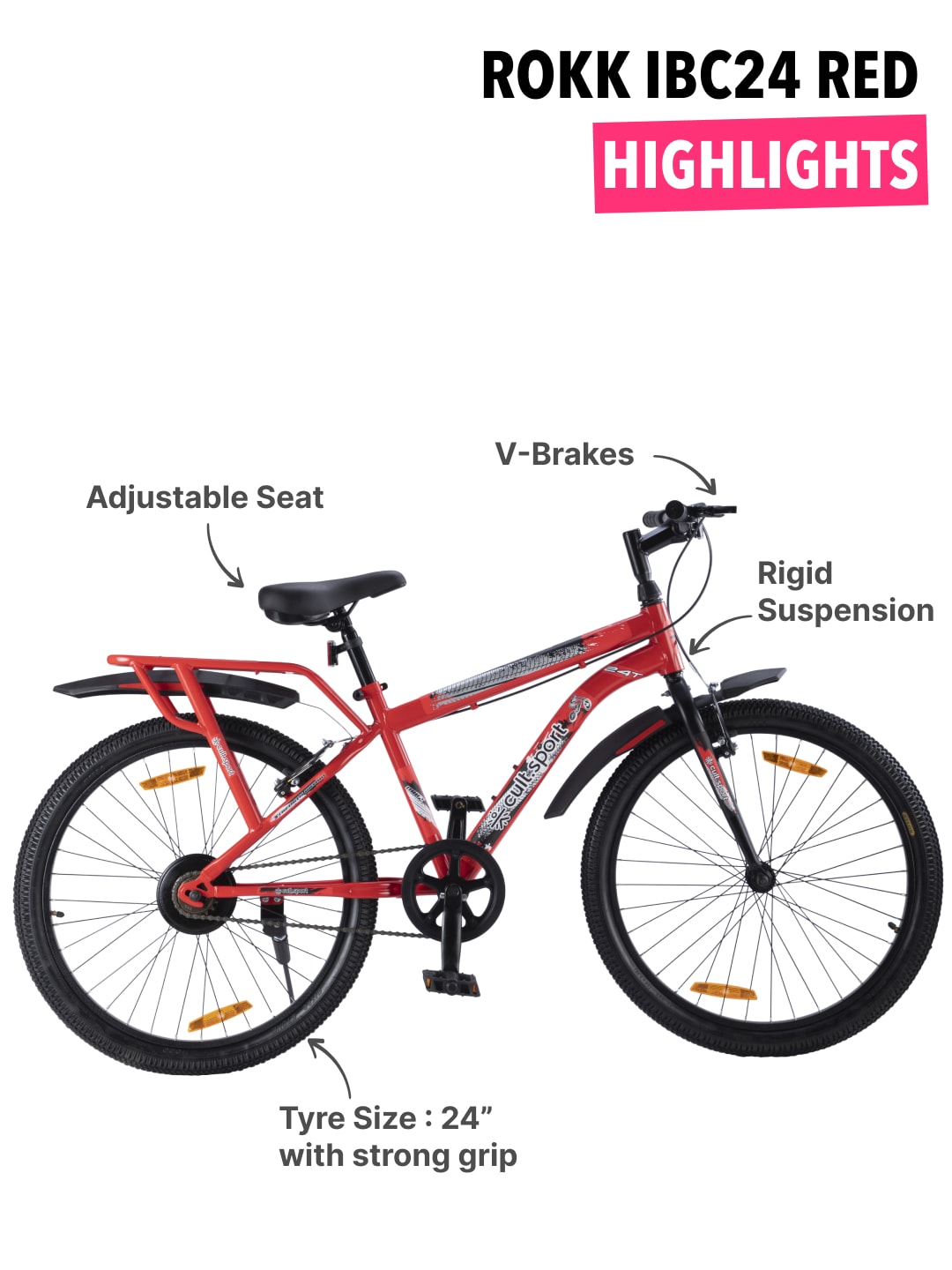 ROKKIBC24Red Steel Single Speed 24 inch Mountain Cycle with Single Wall Rim and Rigid Fork