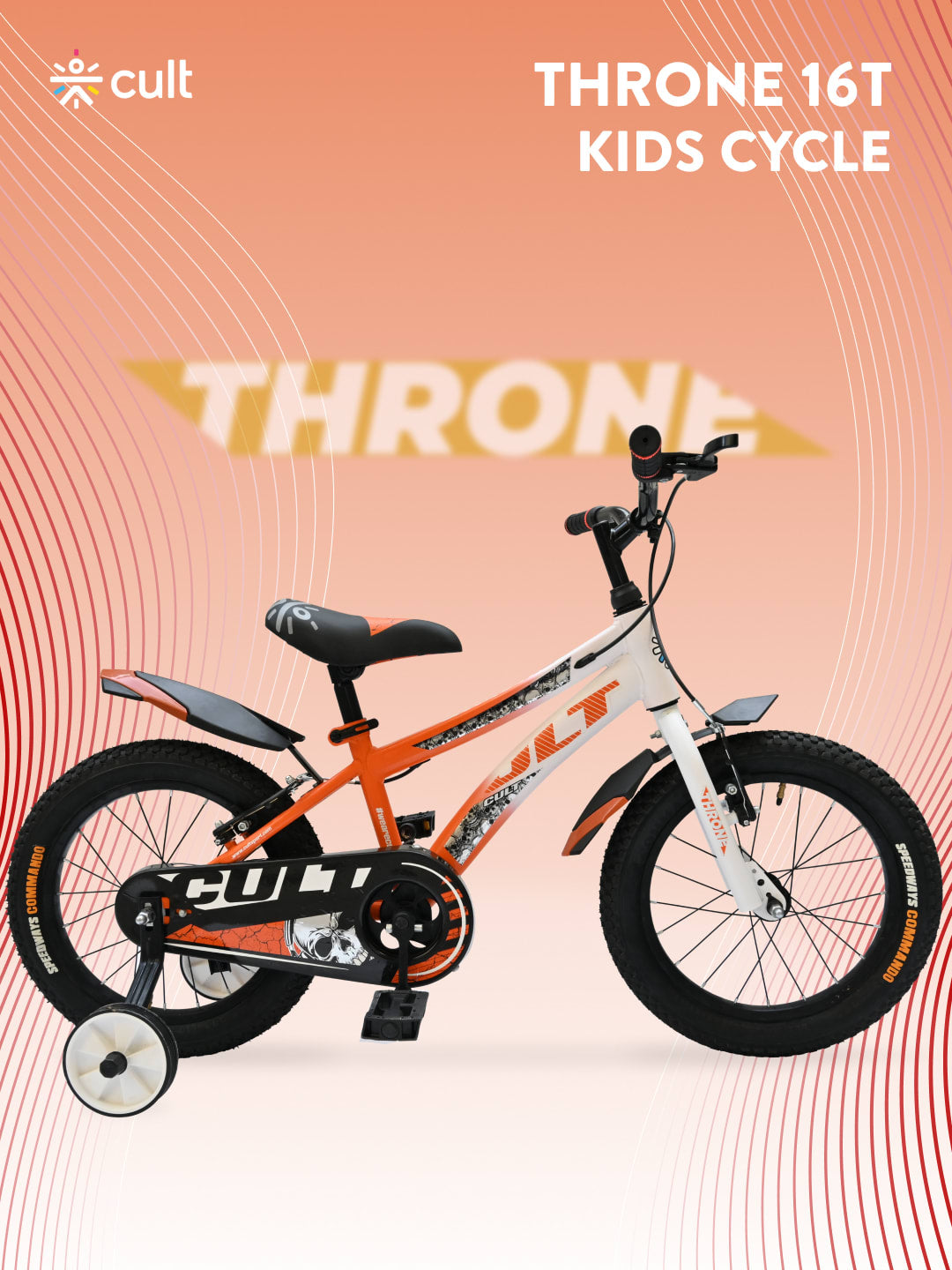 Throne 16T Steel Kids Bike with Rigid Fork, Single Wall Rim, V brakes, Chain Guard and Training Wheel, Orange White