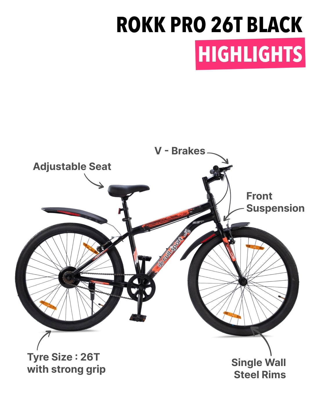 ROKKPRO26TBLACK Steel Single Speed 26 inch Mountain Cycle with Single Wall Rim and Rigid Fork