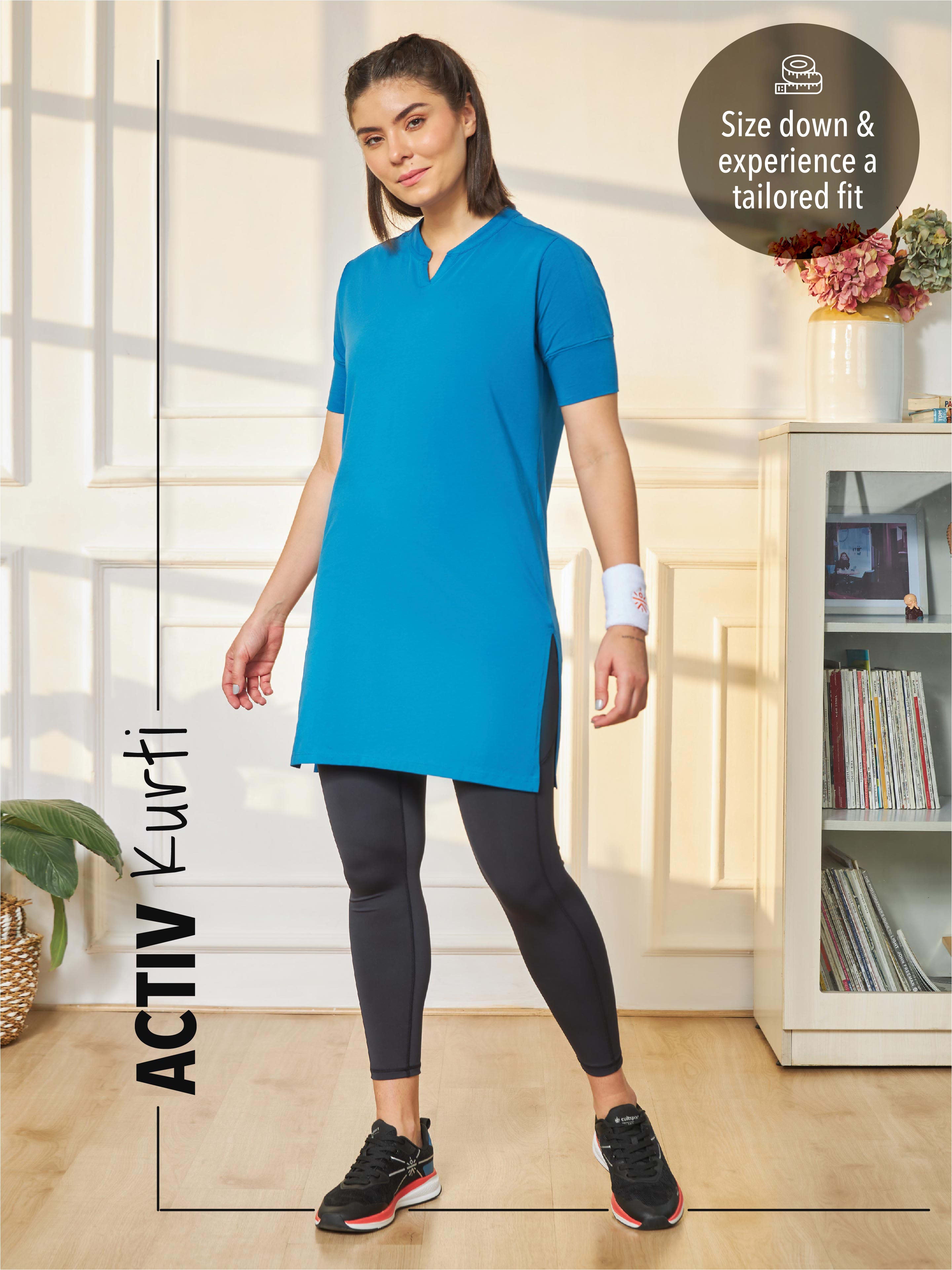 Women Solid Blue Activ-Kurti with Side Pocket