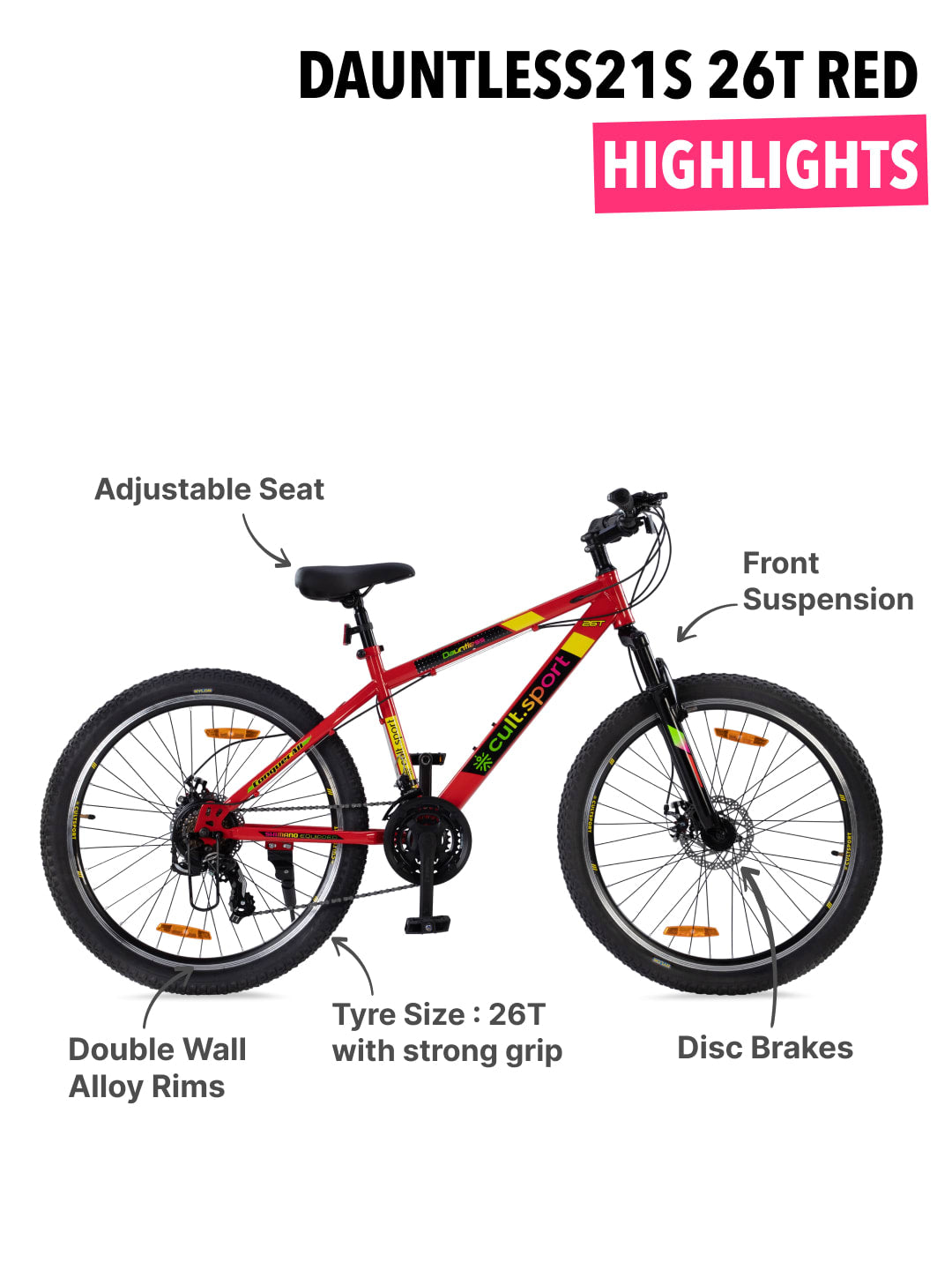 DAUNTLESS21S26TRed Steel 21 Speed Shimano Gear 26 inch Mountain Cycle, Dual Disc Brake, Front Suspension and Double Wall Rim