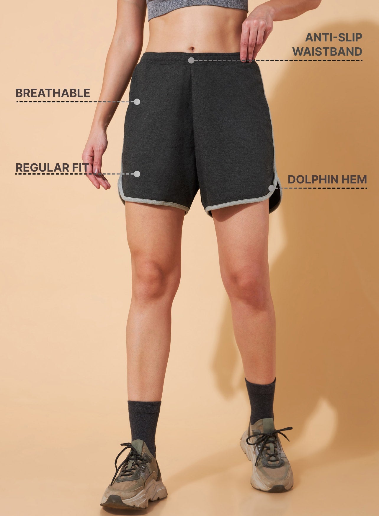 Women's Charcoal Dolphin Hem Leisure Shorts