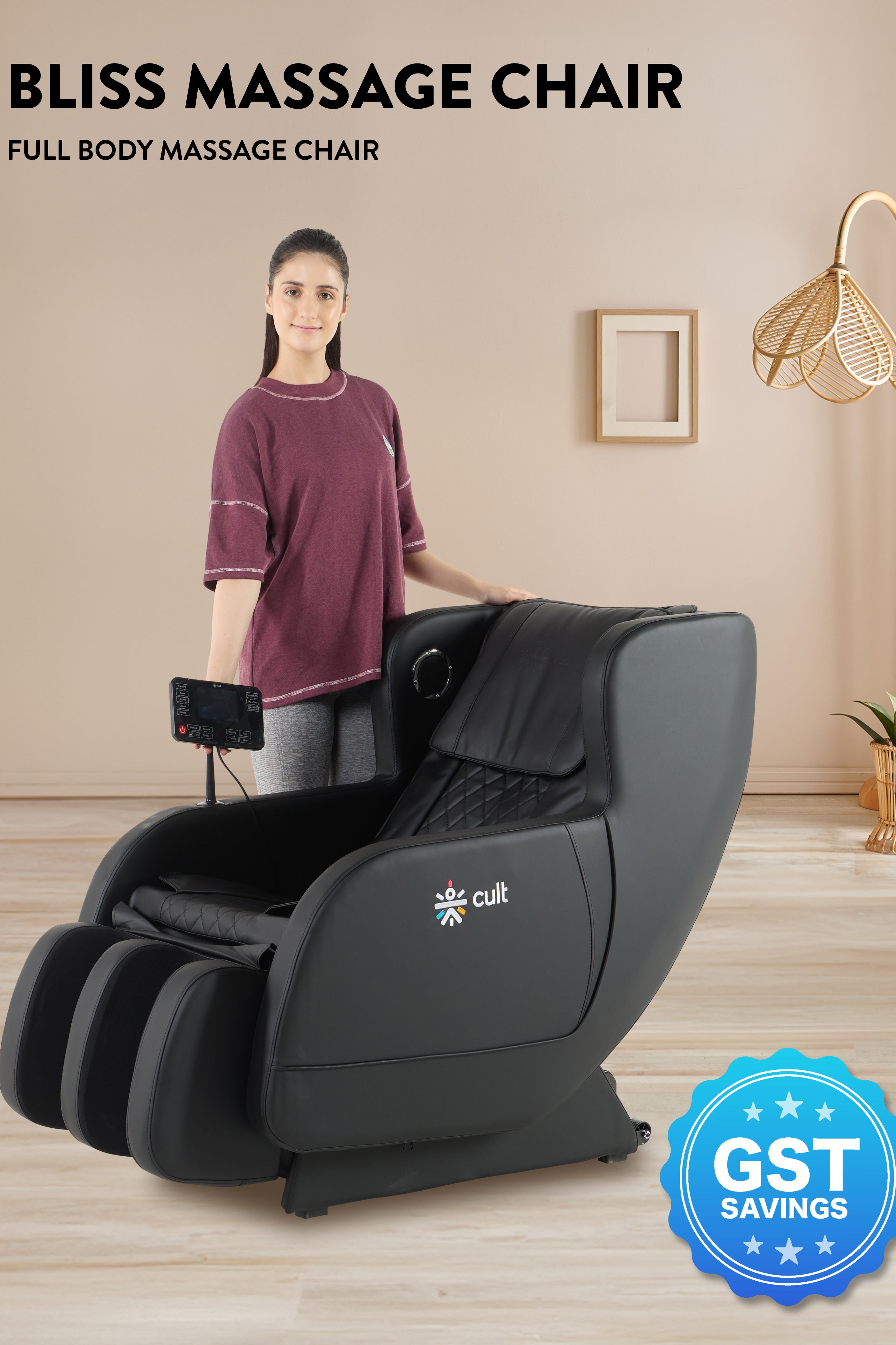 Cult BlissBlack Massage Chair with Fixed Point Massage Technique and Bluetooth AI Voice Function for Full Body Massage At Home