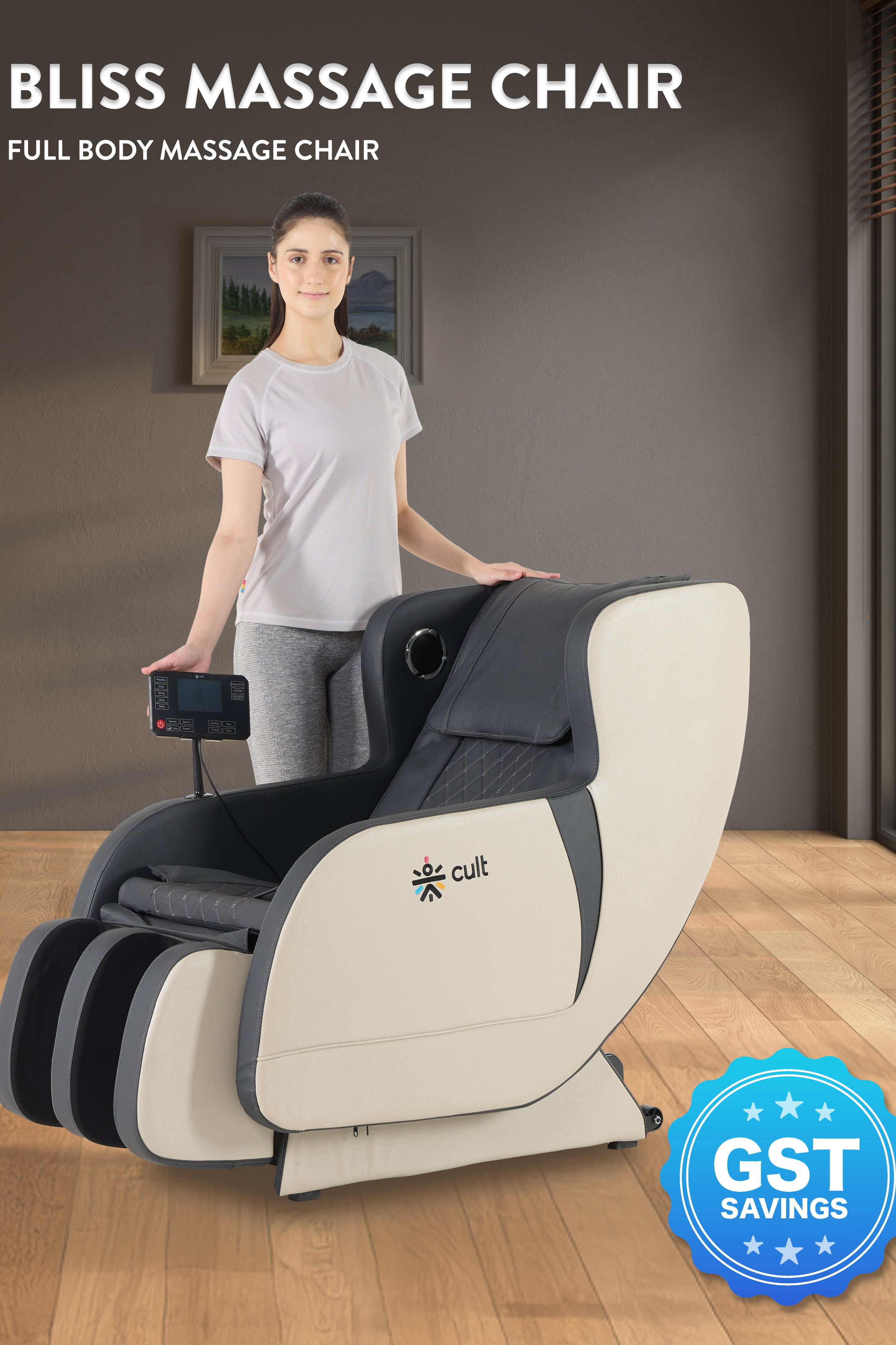cult BlissGrey Massage Chair with Fixed Point Massage Technique and Bluetooth AI Voice Function for Full Body Massage At Home