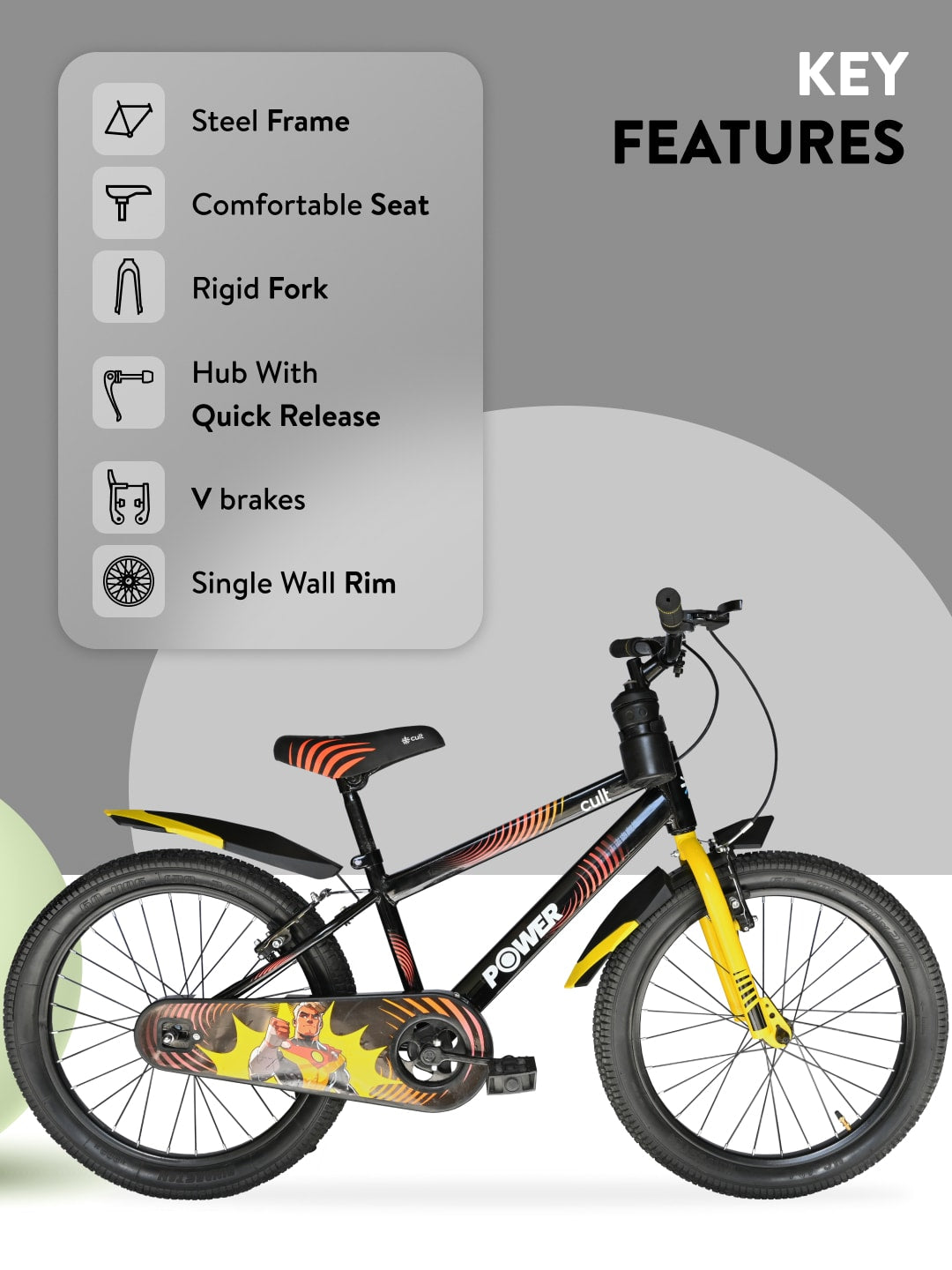 Power 20T Black Steel Kids Bike with Single Wall Rim, Rigid Fork and Free Trainer Sessions and Cycling Event