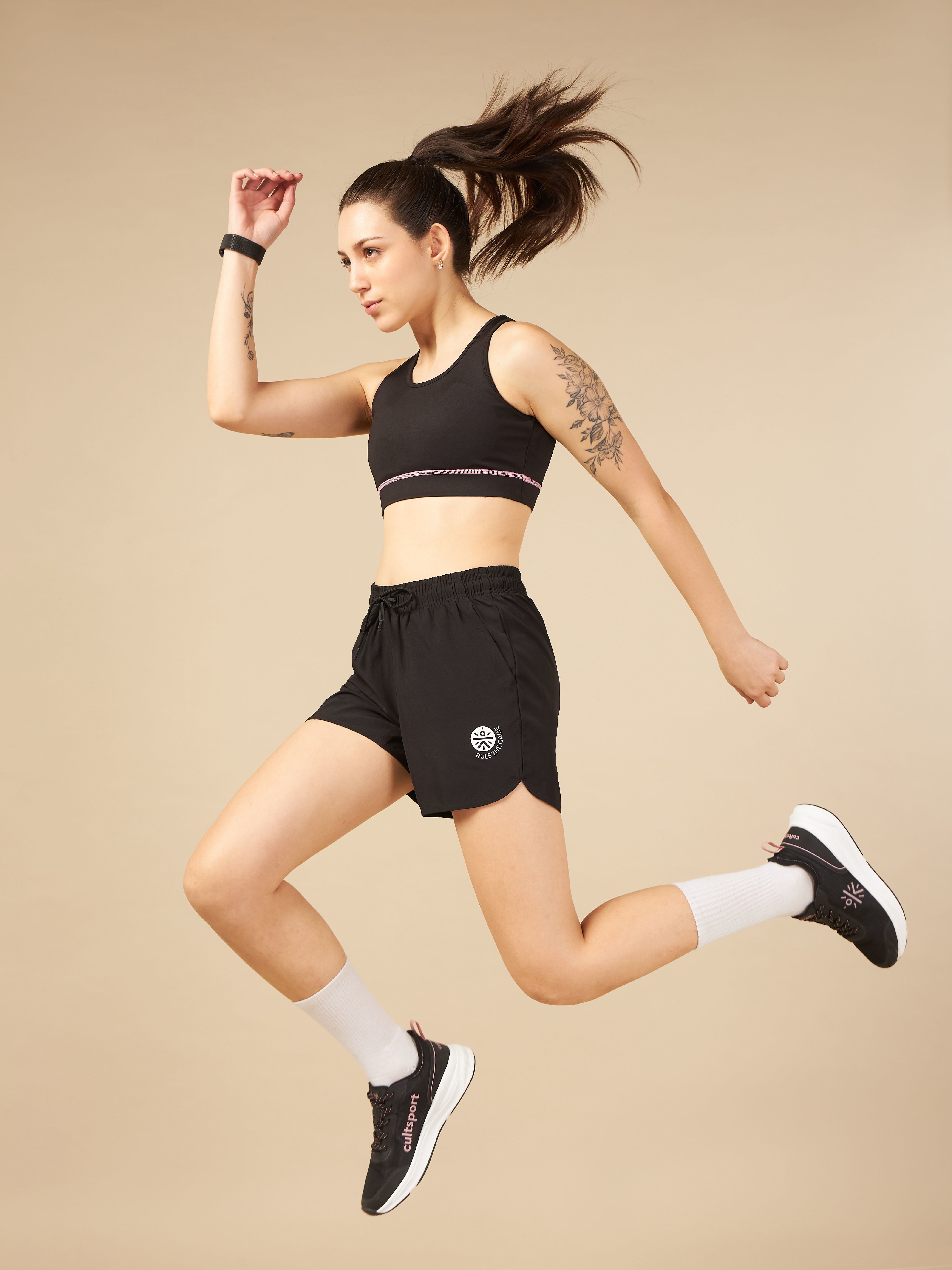 Women's Black Solid Workout Shorts with Curved Hem