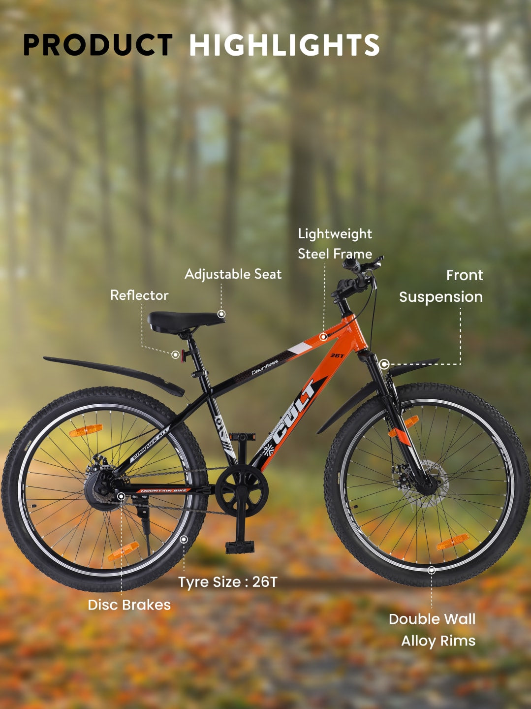 DAUNTLESS26TORANGEBLACK Steel Single Speed 26 inch Mountain Cycle, Dual Disc Brake, Front Suspension, Double Wall Rim