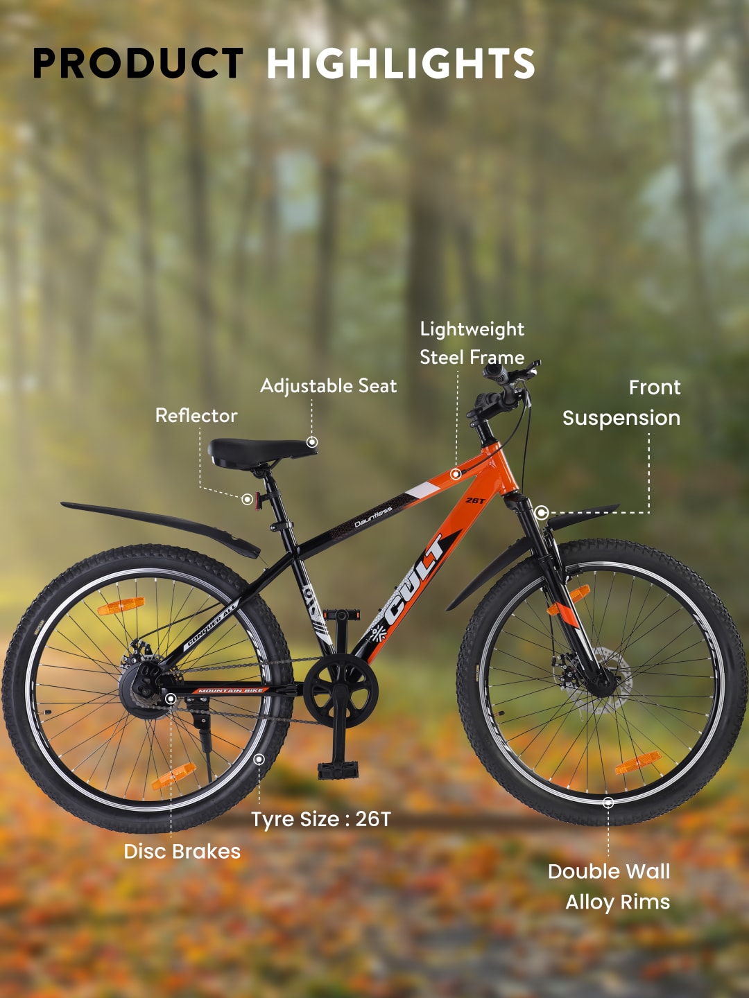 DAUNTLESS26TORANGEBLACK Steel Single Speed 26 inch Mountain Cycle, Dual Disc Brake, Front Suspension, Double Wall Rim