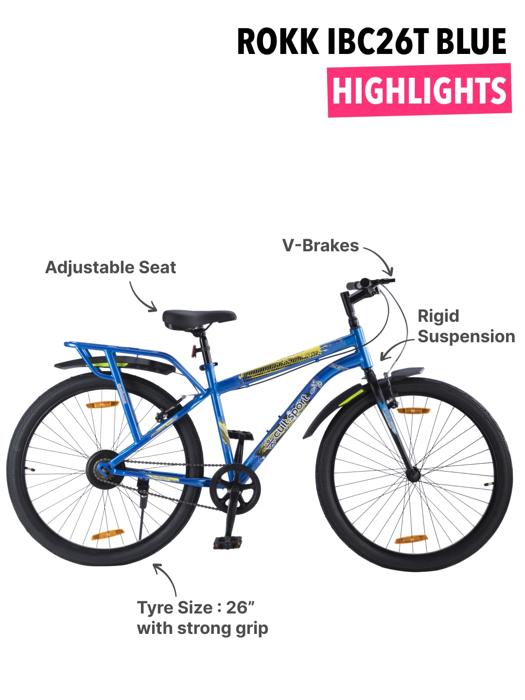 ROKKIBC26Blue Steel Single Speed 26 inch Mountain Cycle with Single Wall Rim and Rigid Fork