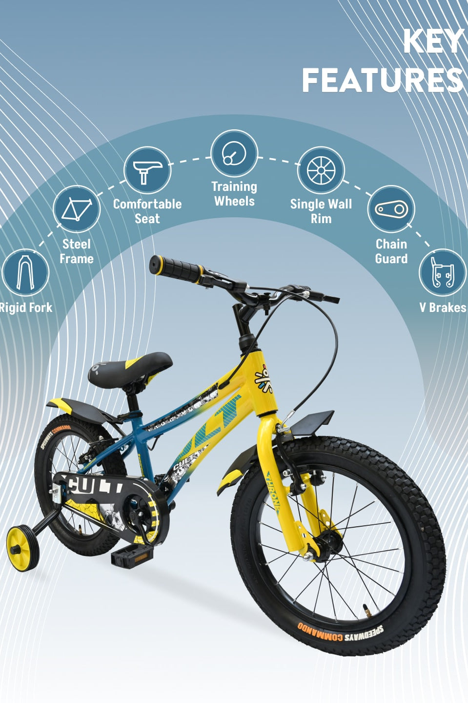 Throne 16T Steel Kids Bike with Rigid Fork, Single Wall Rim, V brakes, Chain Guard and Training Wheel, Yellow Blue
