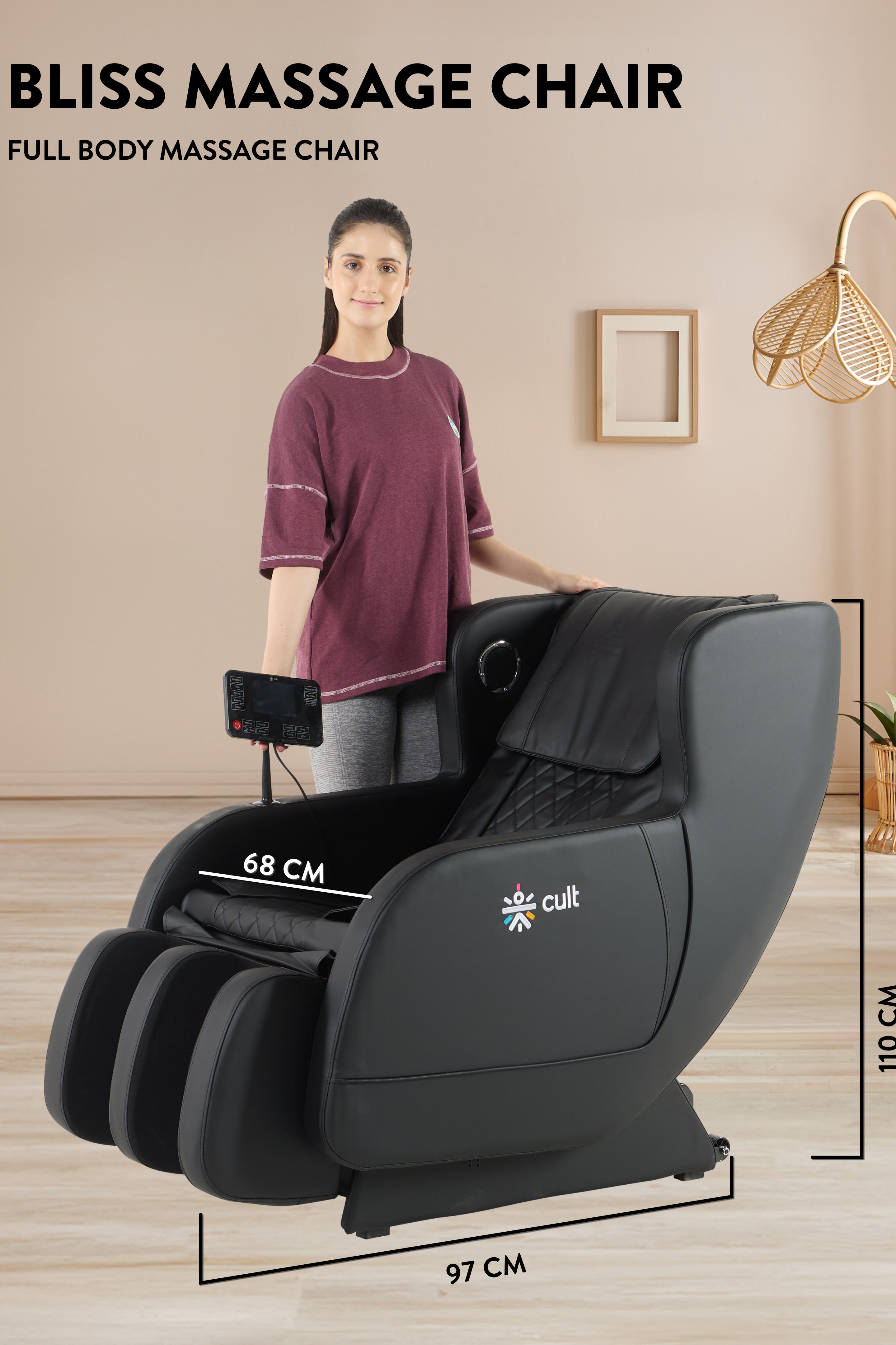 Cult BlissBlack Massage Chair with Fixed Point Massage Technique and Bluetooth AI Voice Function for Full Body Massage At Home