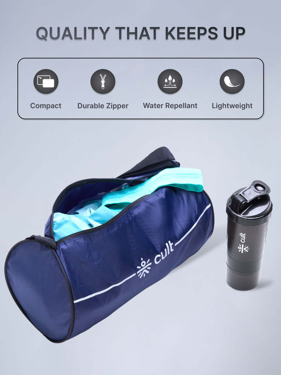 Cult Duffle Bag Blue With Shaker Bottle Yellow 700Ml - Combo