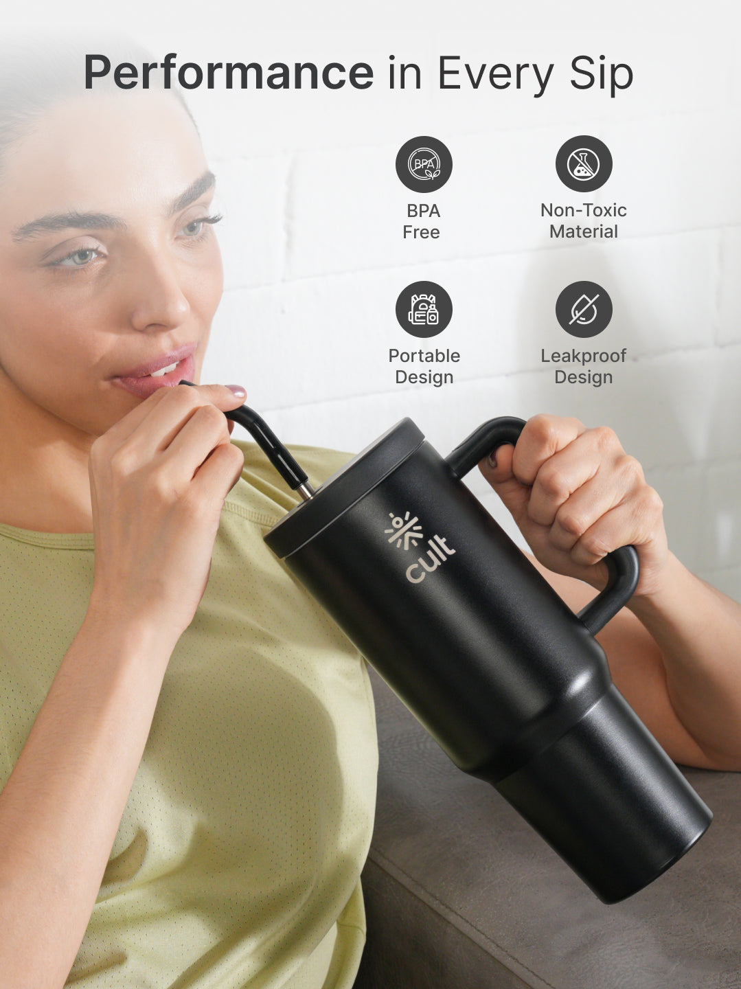 cult Tumbler 1200ML Steel Straw with Straw Cap and Cleaner Unisex Black
