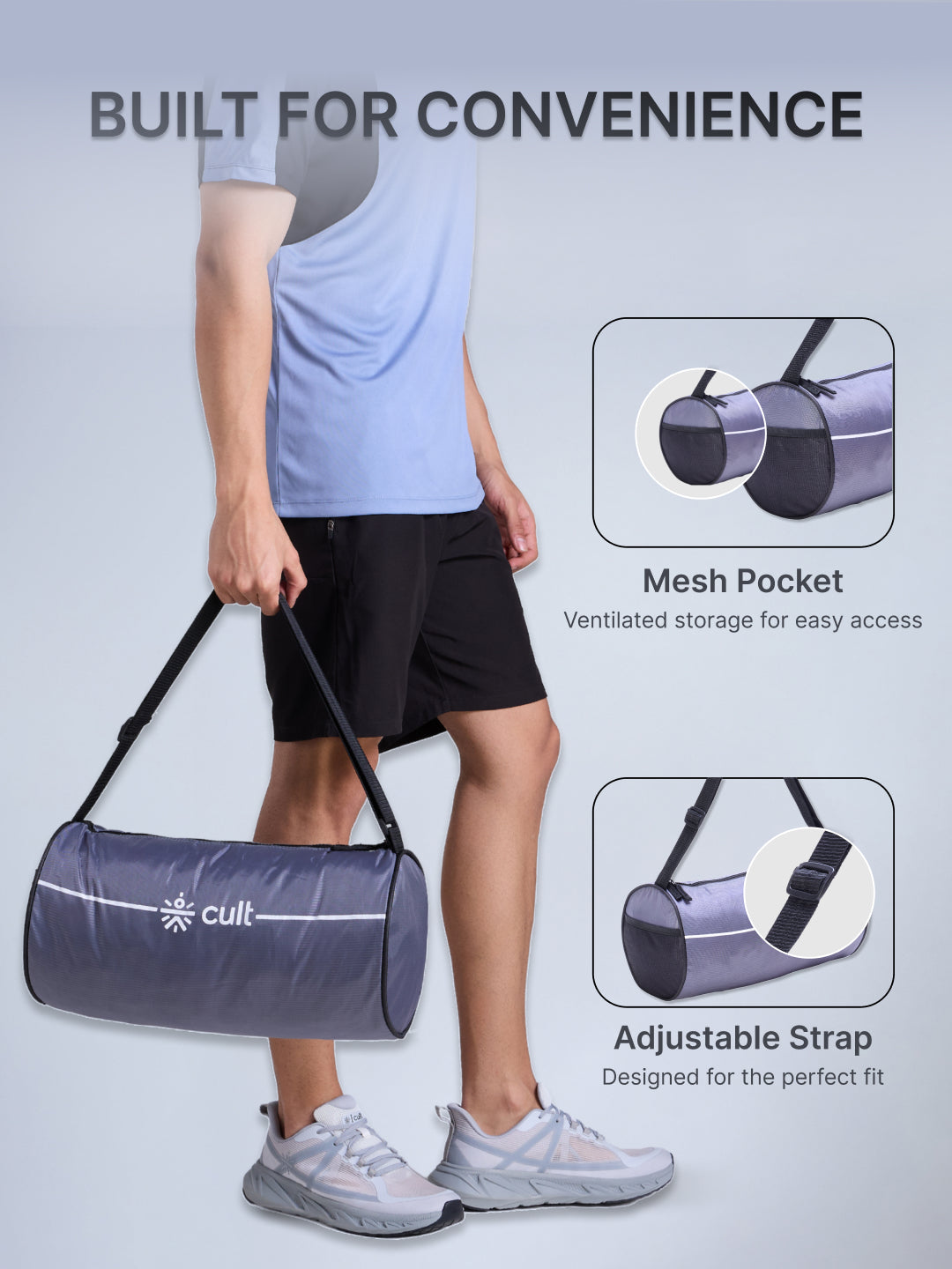 Cult Duffle Bag Grey with Shaker Bottle Black 700ml - Combo