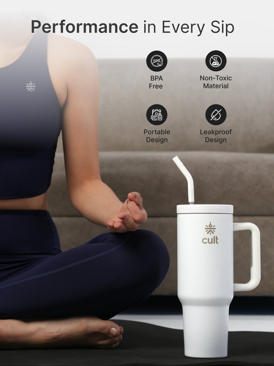 cult Tumbler 1200ML Steel Straw with Straw Cap and Cleaner Unisex White