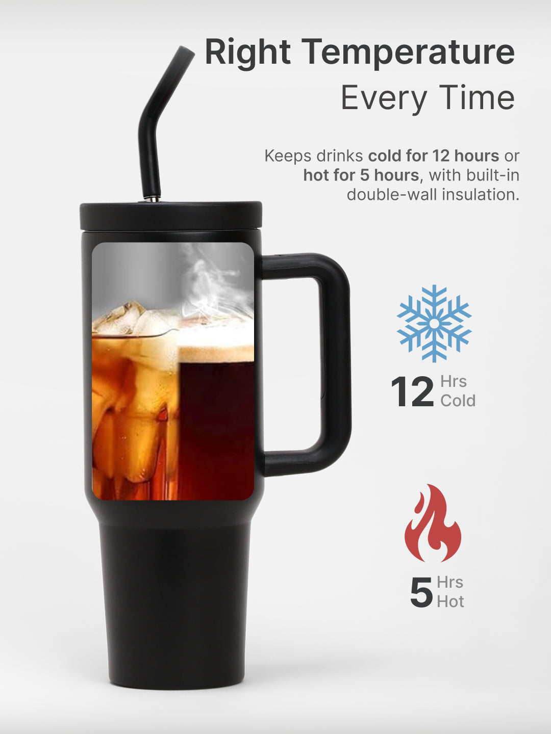 cult Tumbler 1200ML Steel Straw with Straw Cap and Cleaner Unisex Black