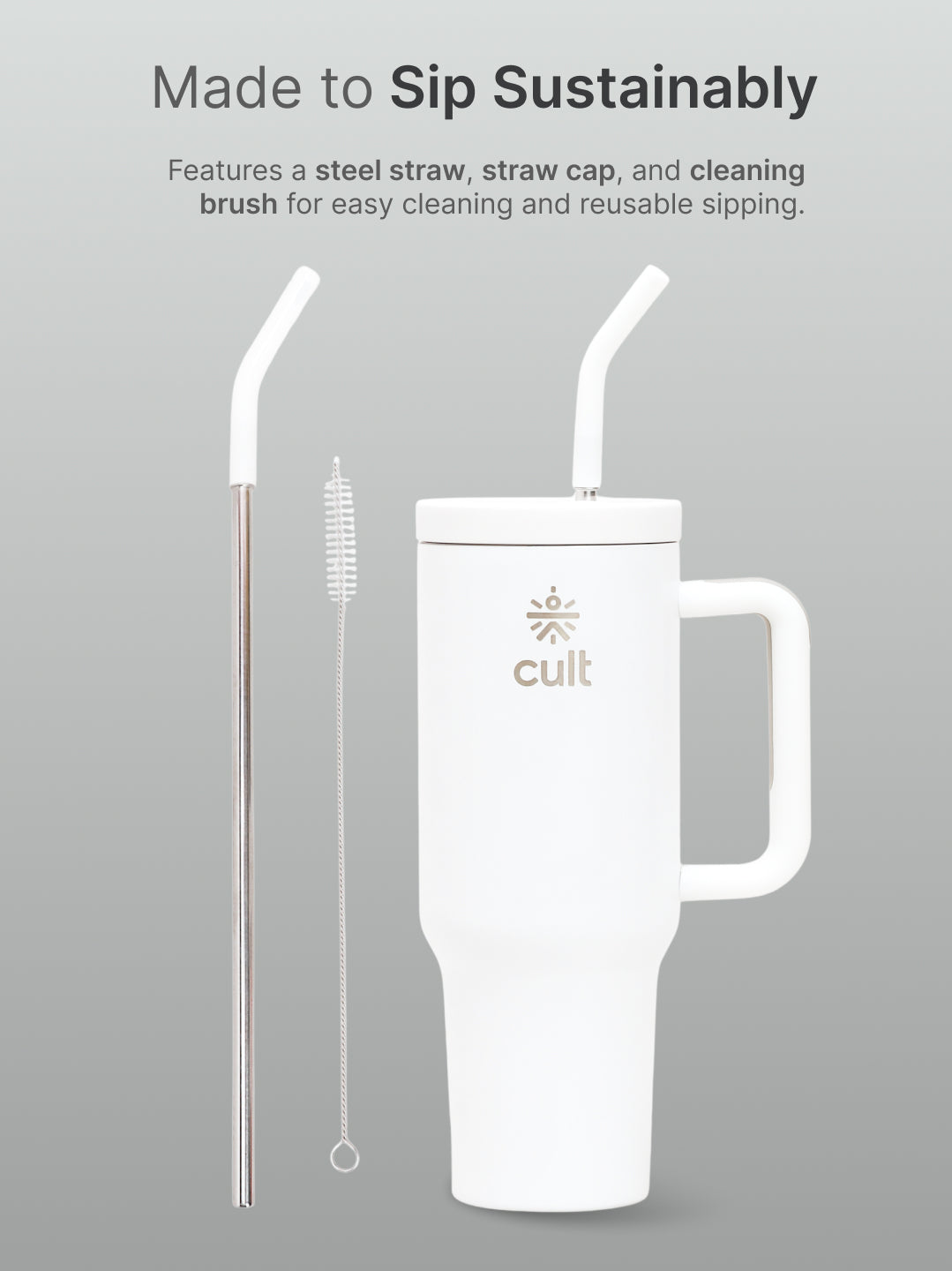 cult Tumbler 1200ML Steel Straw with Straw Cap and Cleaner Unisex White