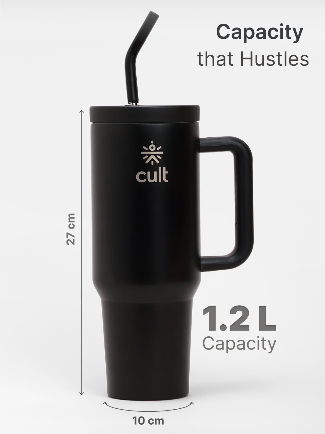 cult Tumbler 1200ML Steel Straw with Straw Cap and Cleaner Unisex Black