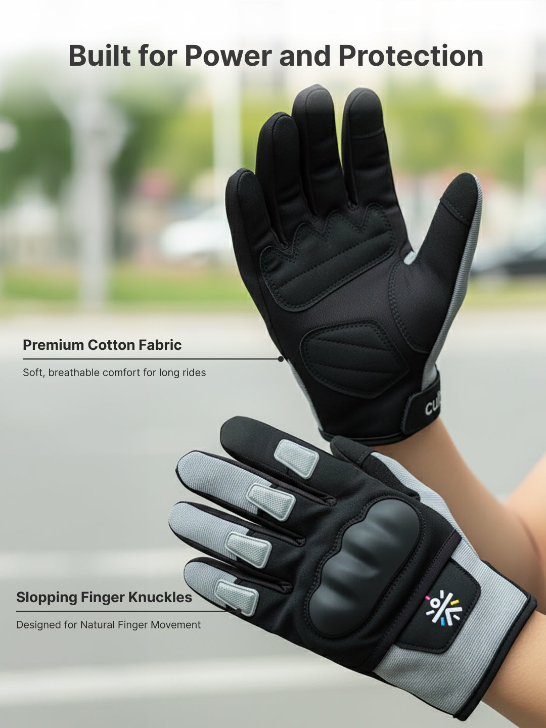 CULT Rider Bike Gloves Grey/Black - Full Finger Motorcycle & Cycling Gloves with Anti-Slip Grip, Breathable Fabric & Comfort Fit