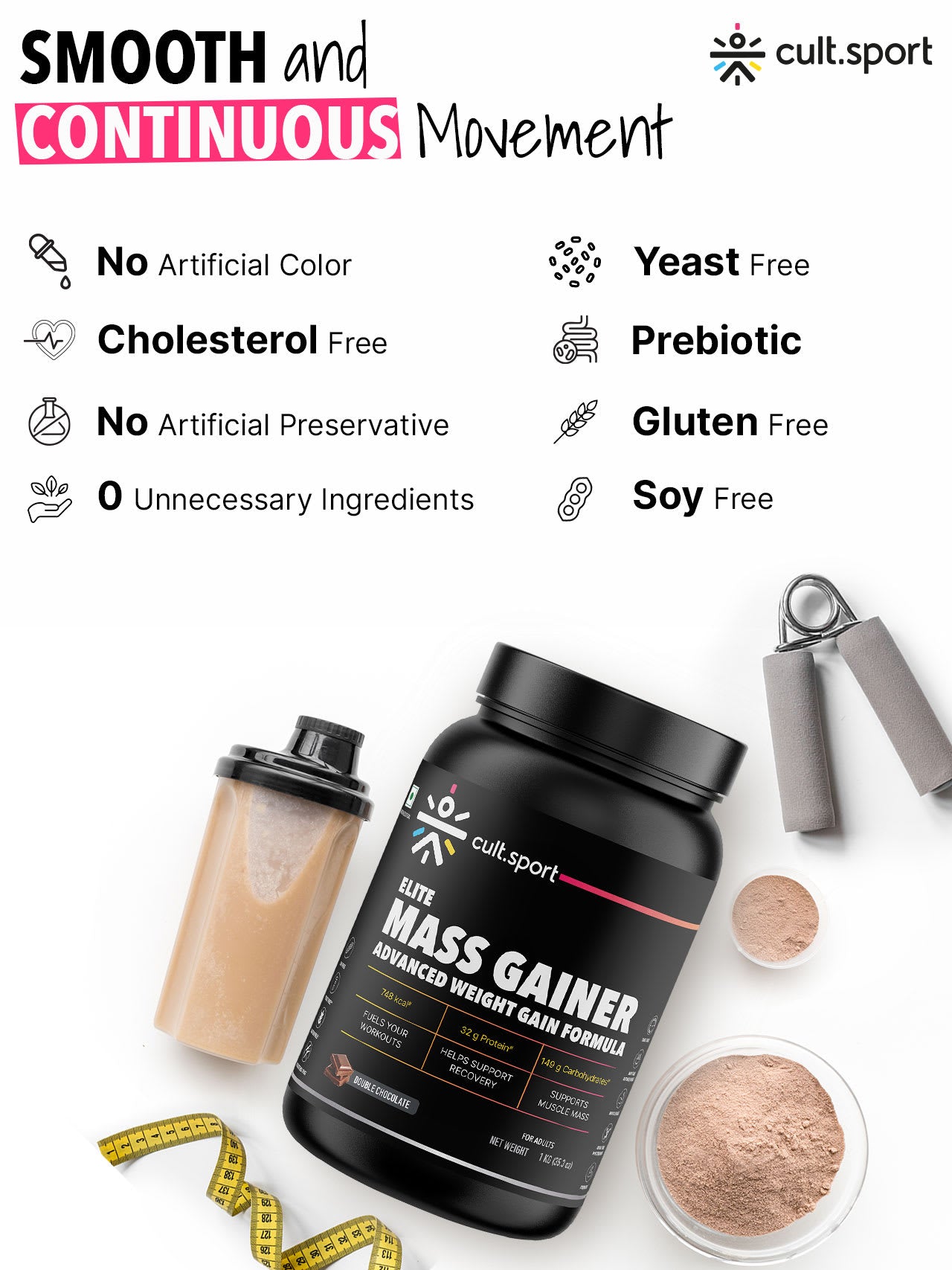 Cultsport Whey Mass Gainer | 20 Vital Vitamins & Minerals | Chocolate | Whey Protein Concentrate | Soy-Free | Gluten-Free | 0 Colesterol | Prebiotic Fiber