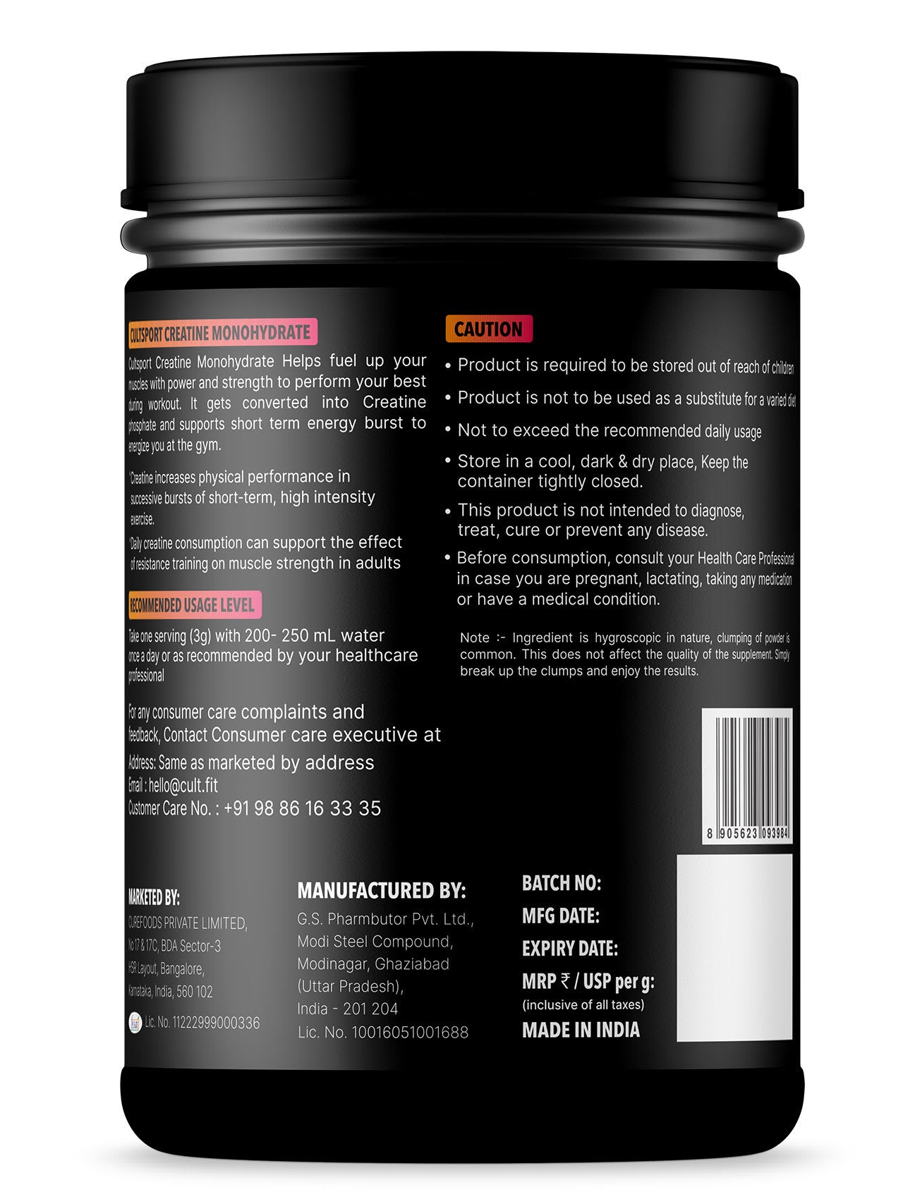Cultsport Creatine Monohydrate 250 g | Micronised | 100% Vegetarian | Unflavoured | Dairy-Free | Gluten-Free