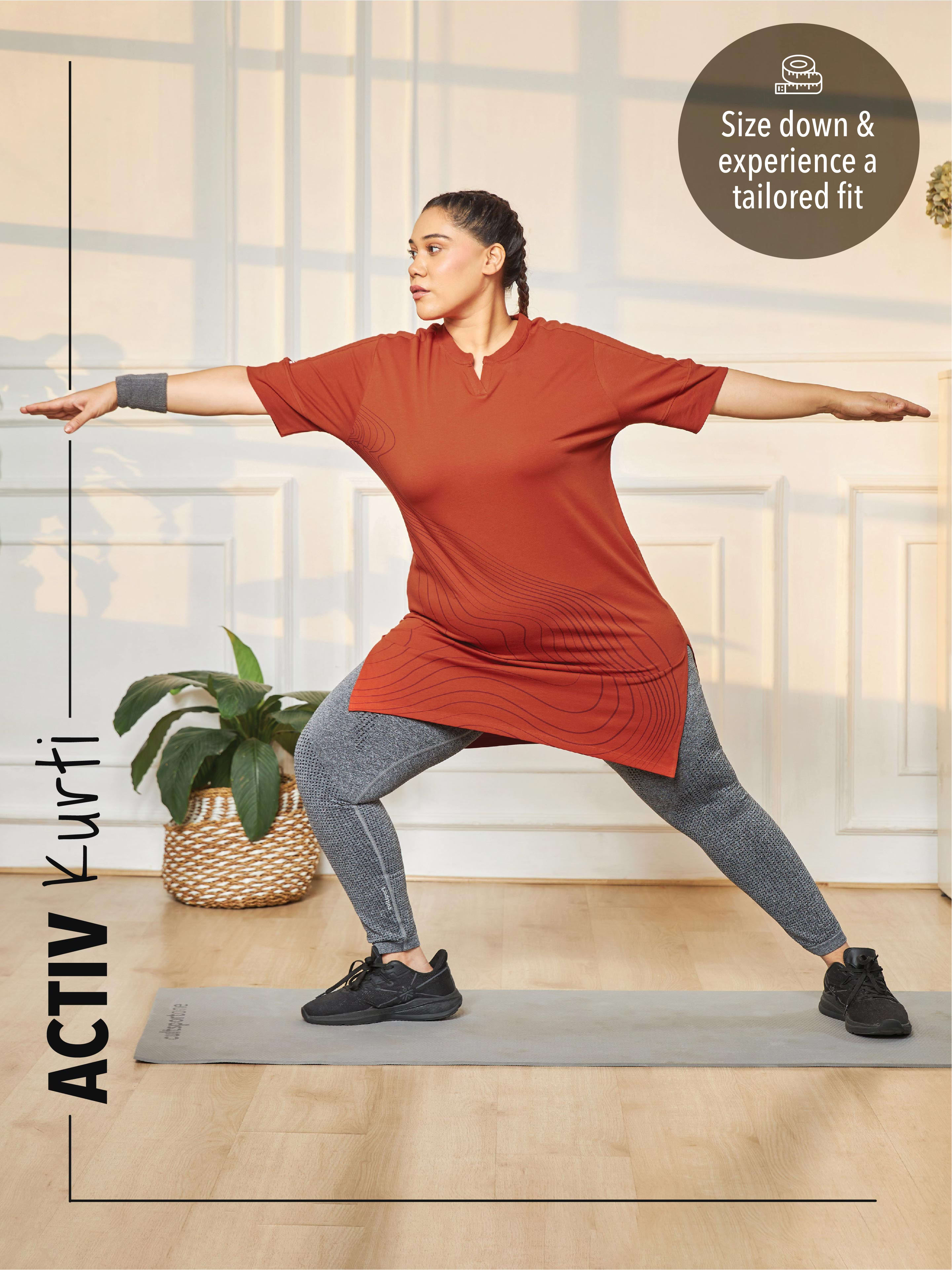 Printed Rust Activ-Kurti with Side Pocket For Women