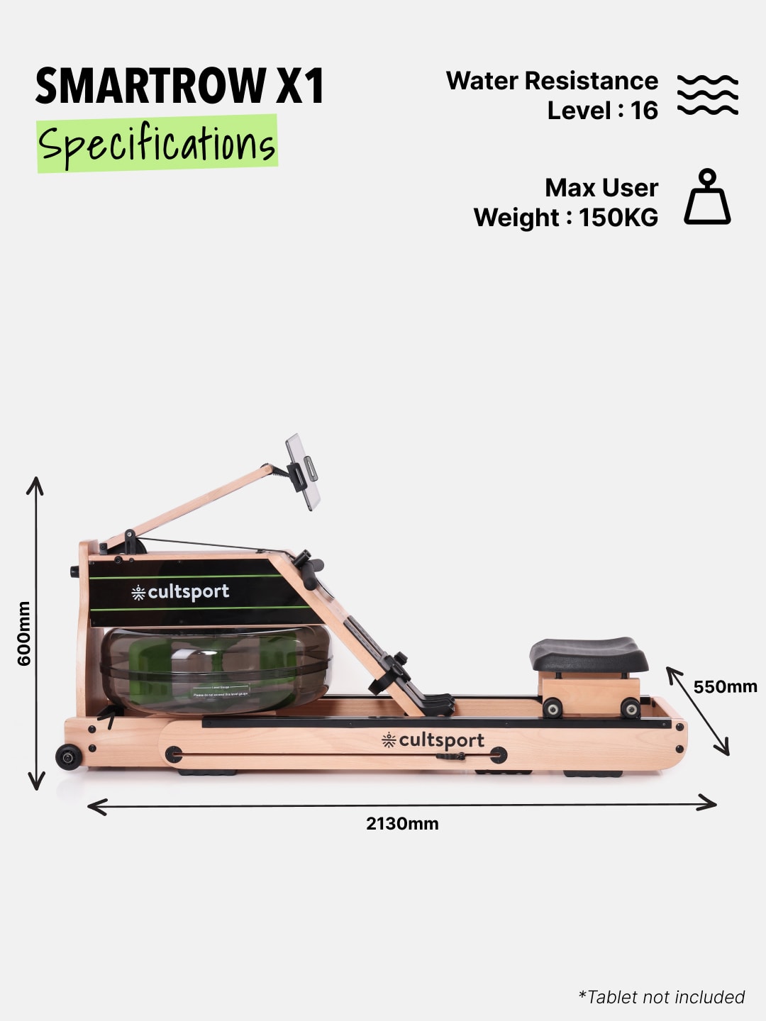 Foldable Water Rower | 16 Level Water Resistance | Max Weight-150kg (6 Months extended Warranty only on Cultsport.com)