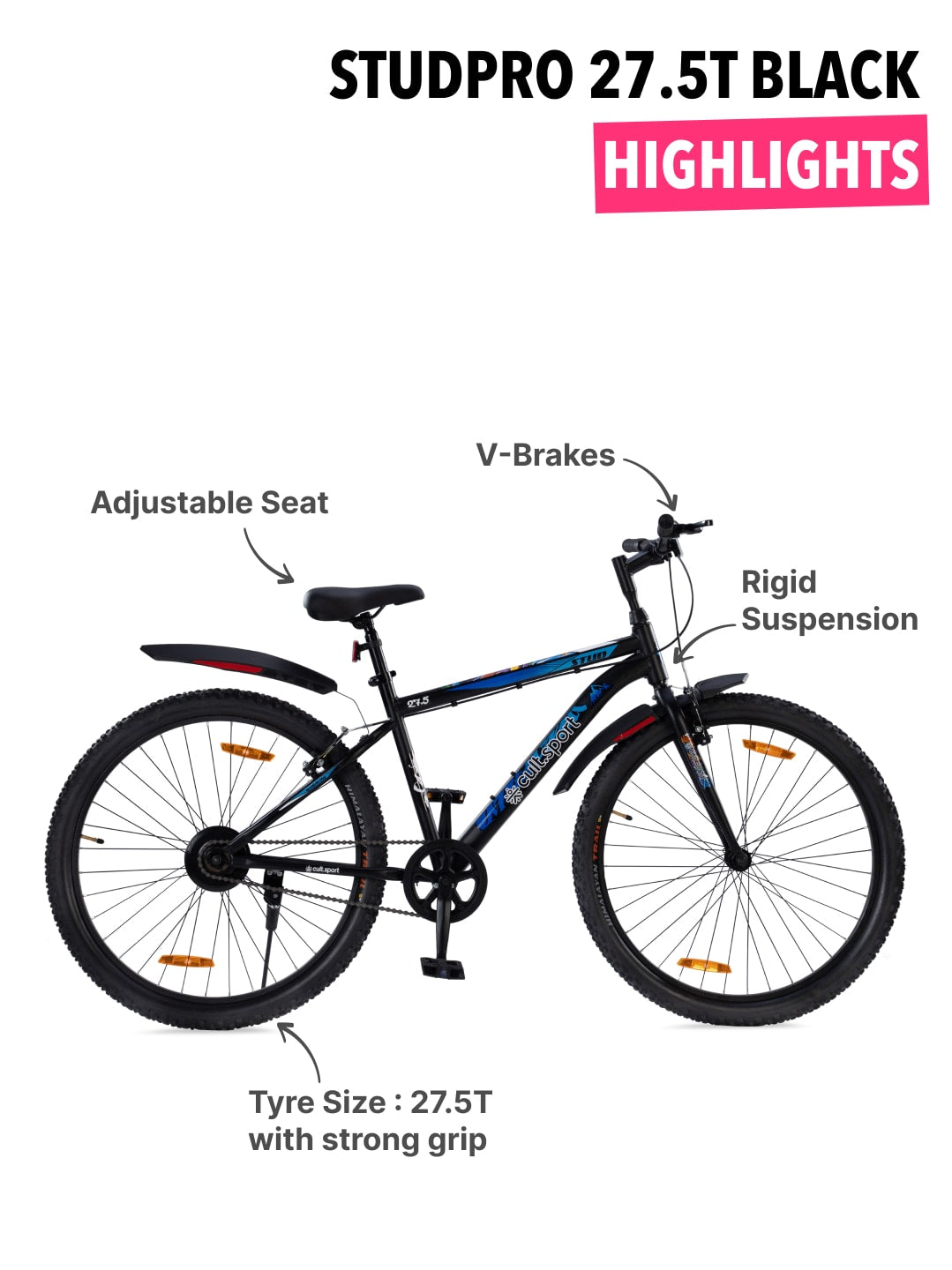 STUDPRO27.5TBLACK Steel Single Speed 27.5 inch Mountain Cycle with Single Wall Rim and Rigid Fork