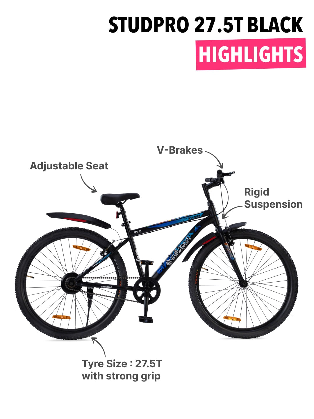 STUDPRO27.5TBLACK Steel Single Speed 27.5 inch Mountain Cycle with Single Wall Rim and Rigid Fork