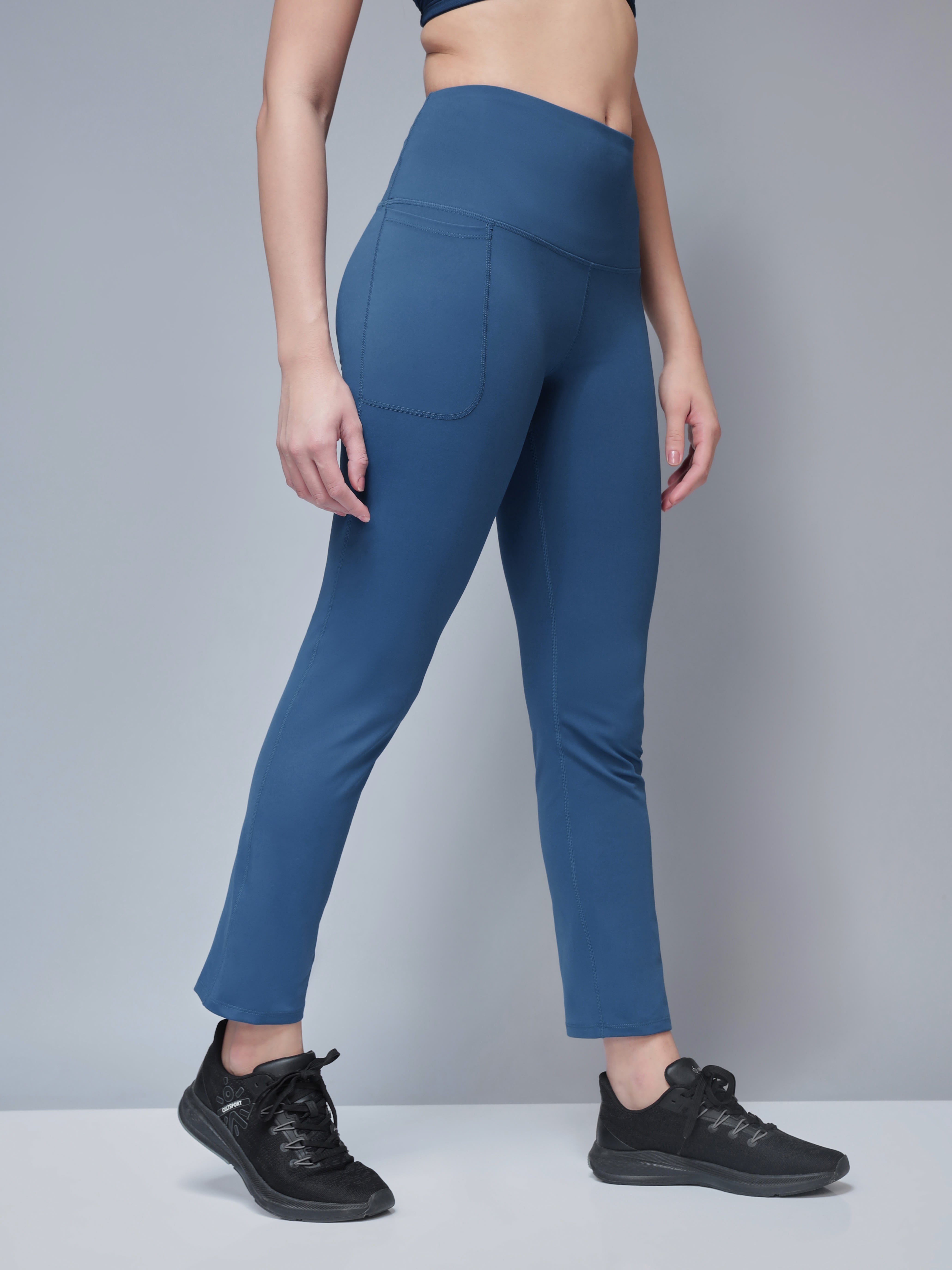Navy Solid High Waist Straight Pants with Pockets
