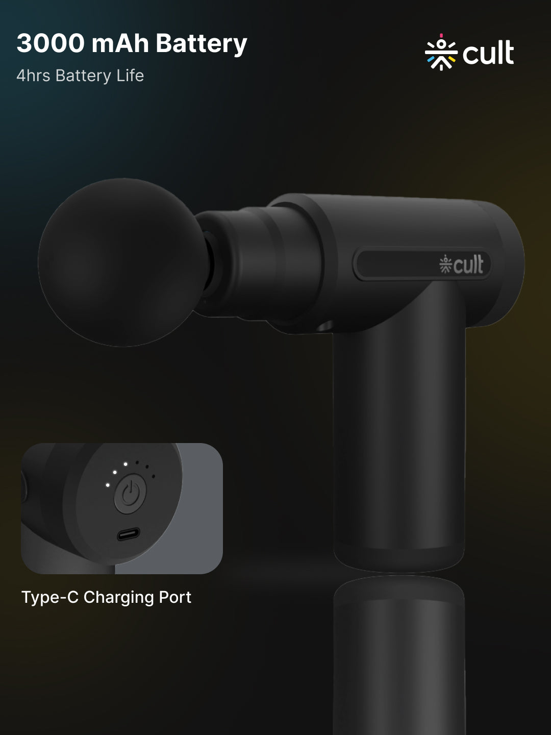 Cult Volt, Full Body Professional Gun Massager, QuietMotion Tech, Deep Tissue Percussions, 3000mAh battery, 6 Speed levels, Silicone head, Lightweight, Carry Pouch.