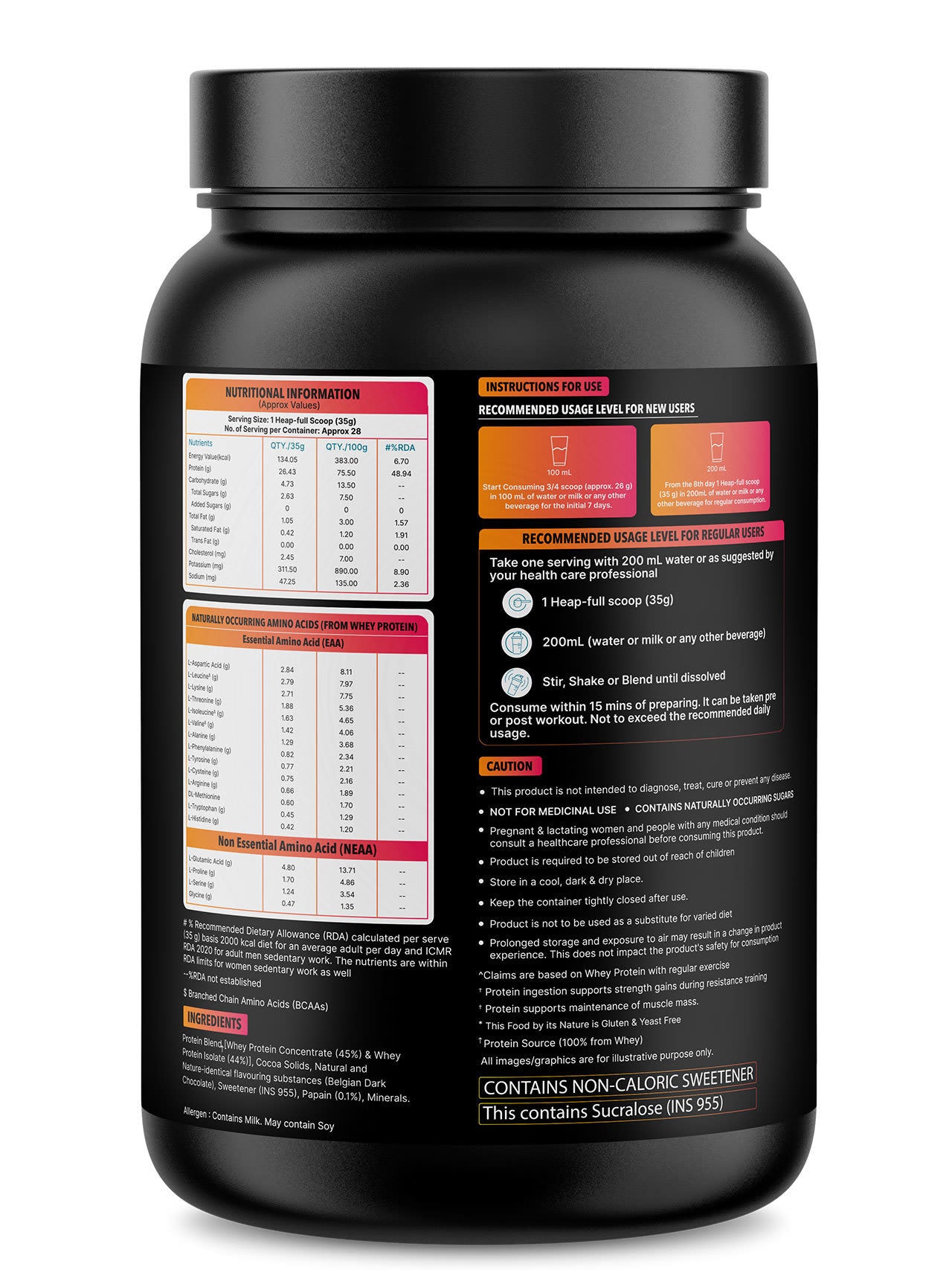 100% Whey Protein Premium Protein - 1kg | Sugar free | Protein Powder for Men & Women for Muscle Support & Recovery | 25g Protein Per Serving | 2.5g BCAA, 3.9g Glutamic acid | Belgium Dark Chocolate