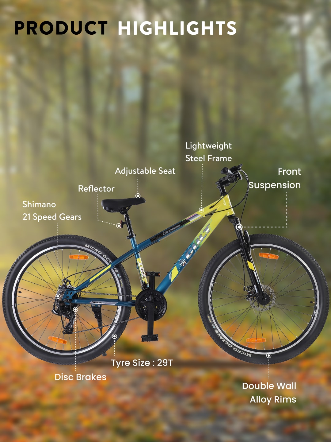 DAUNTLESS21S29TYELLOWBLUE Steel 21 Speed Shimano Gear 29 inch Mountain Cycle, Dual Disc Brake, Front Suspension, Double Wall Rim